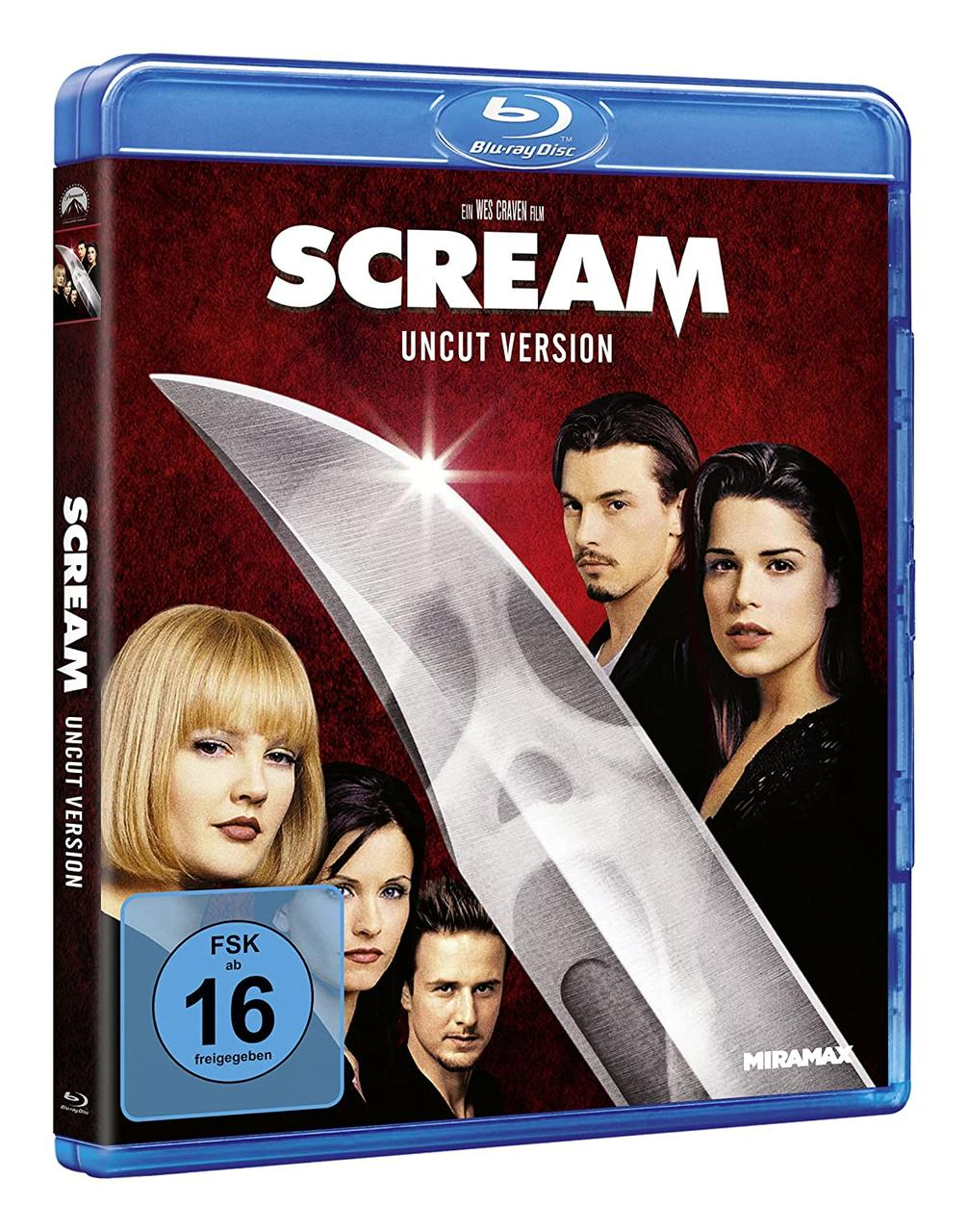 Scream Uncut Version Blu-ray-Disc-Cover. Es zeigt ein Messer und Gesichter von Schauspielern, roter Hintergrund.