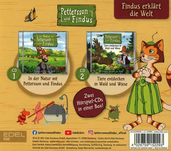 Rückseite einer CD-Hülle mit animierten Figuren und Text: Findus erklärt die Welt. Zwei CD-Hüllen gezeigt.