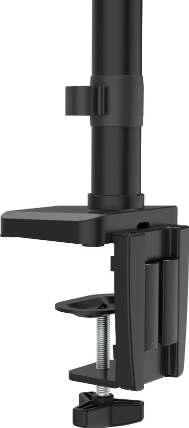 Support de moniteur noir avec pince, poteau et plateforme. Fond blanc.