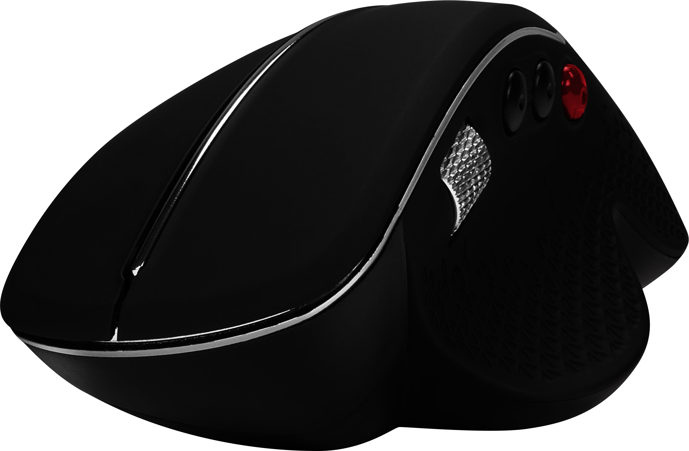Schwarze ergonomische Maus mit Tasten, Scrollrad und einer silbernen Akzentlinie.