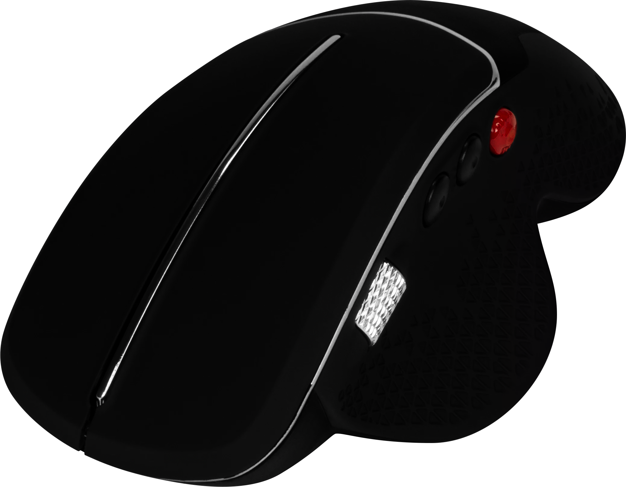 Schwarze ergonomische Maus mit silbernen Akzenten. Rote Taste sichtbar. Mehrere Tasten und ein Scrollrad sind sichtbar.