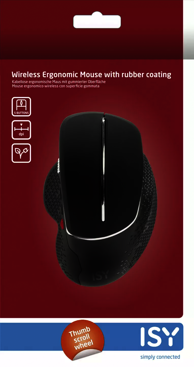 Schwarze, kabellose, ergonomische Maus mit rotem Akzent. Die Verpackung zeigt Symbole und das ISY-Logo.