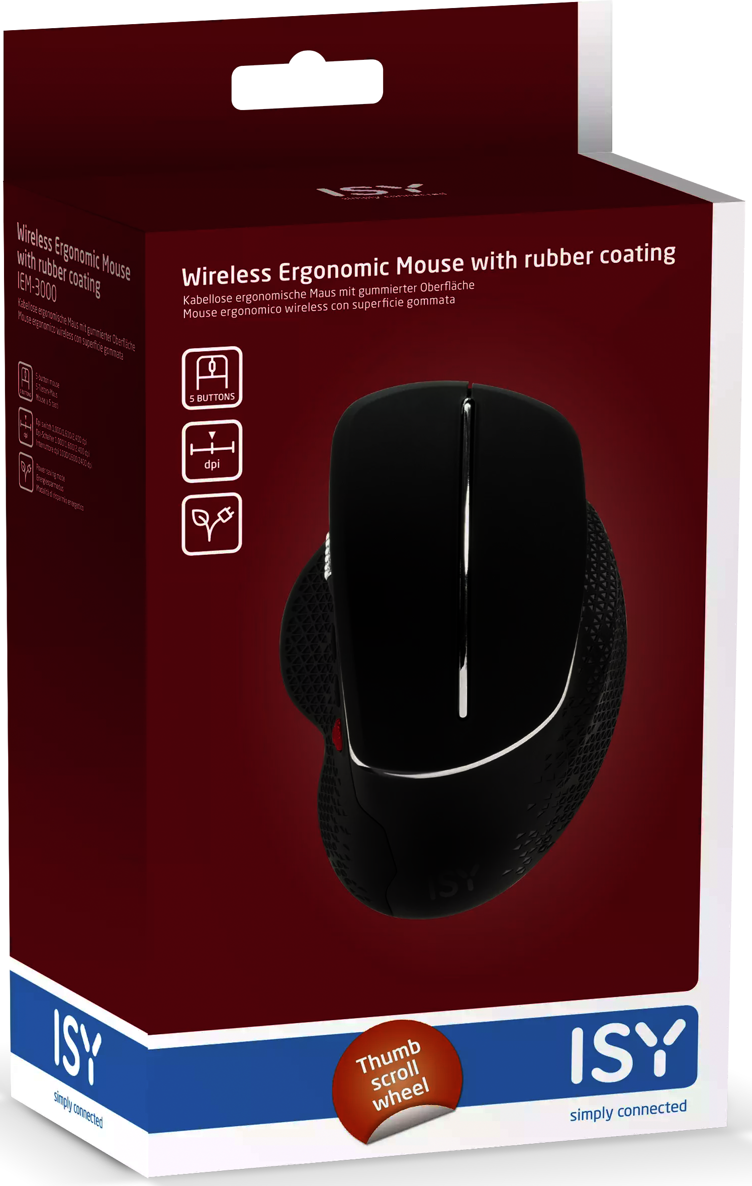 Schwarze drahtlose ergonomische Maus in roter Box. Merkmale sind 5 Tasten und ein Scrollrad.