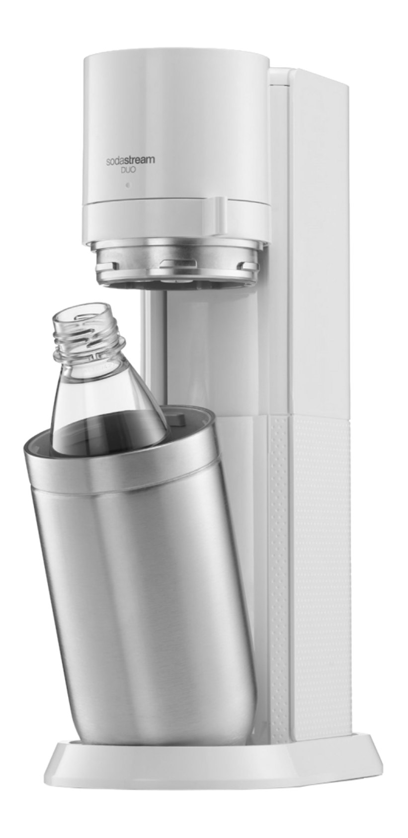 Weiße SodaStream-Maschine mit Flasche. Die Flasche ist teilweise eingesetzt.