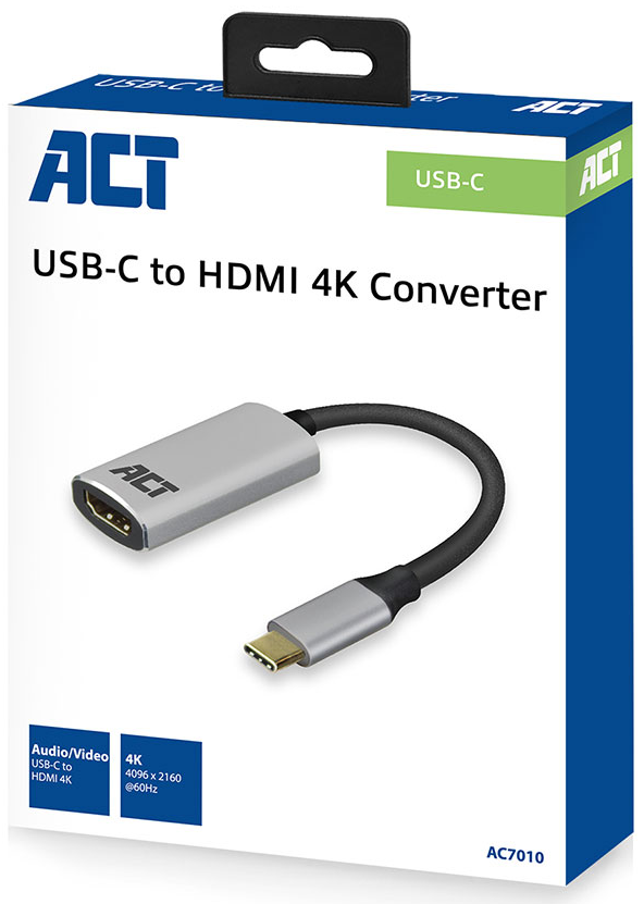 Egy USB-C-HDMI 4K átalakító a dobozában, ezüst adapter fekete kábellel.
