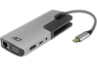 ACT AC7043 USB Type-C dokkoló, HDMI 4K, VGA, 3xUSB-A, Gigabit LAN, kártyaolvasó, 3,5mm jack