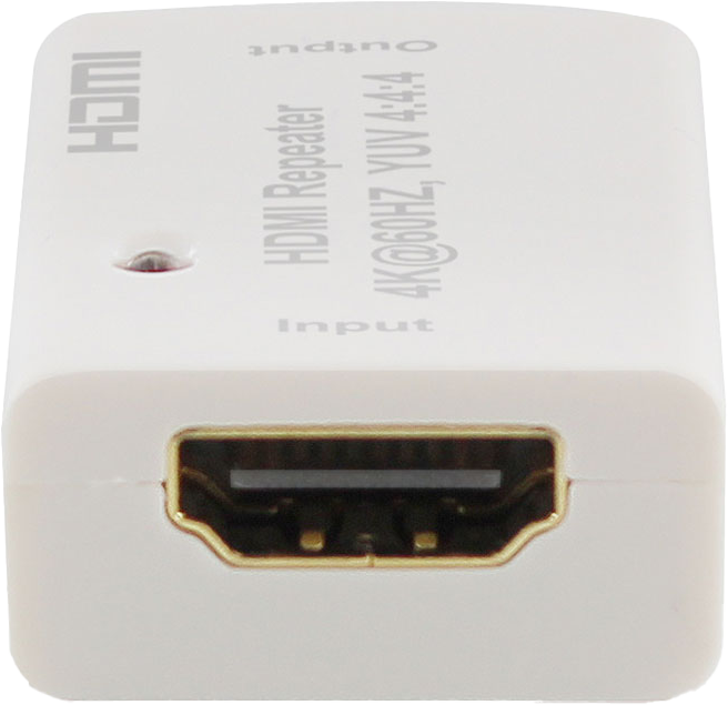 Fehér HDMI ismétlő, HDMI bemeneti és kimeneti portokkal.