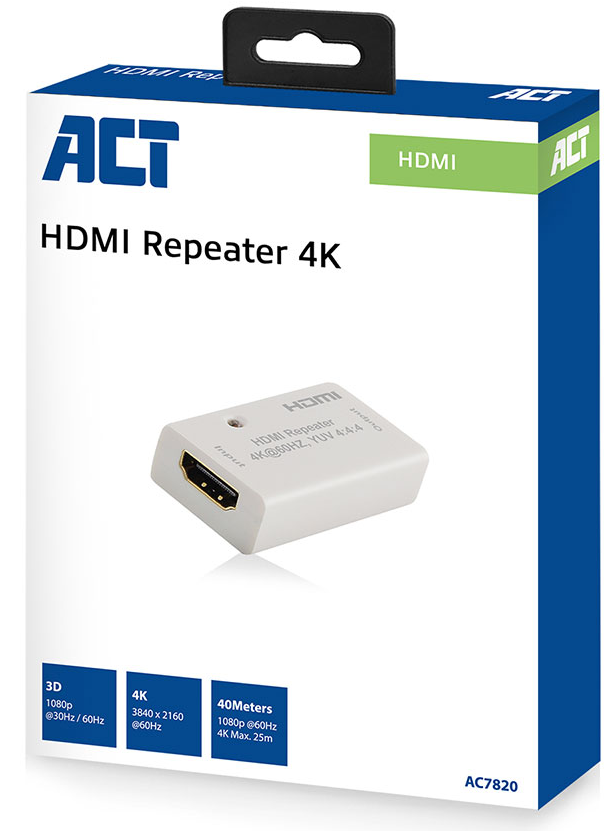 Egy fehér doboz a HDMI repeater termékkel, bemutatva a funkcióit.