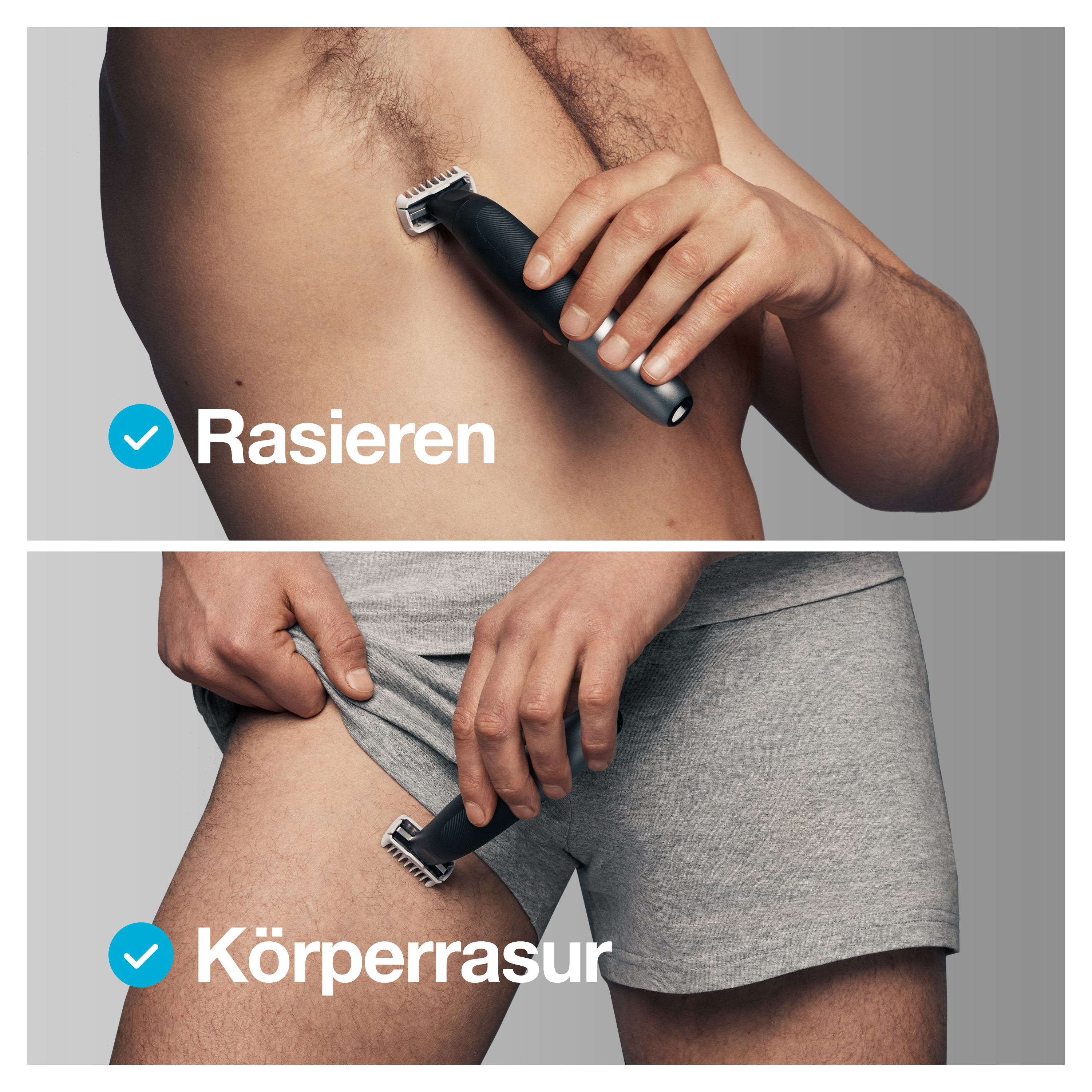 Mann rasiert Brust und Beine mit Trimmer, zeigt Körperpflege.