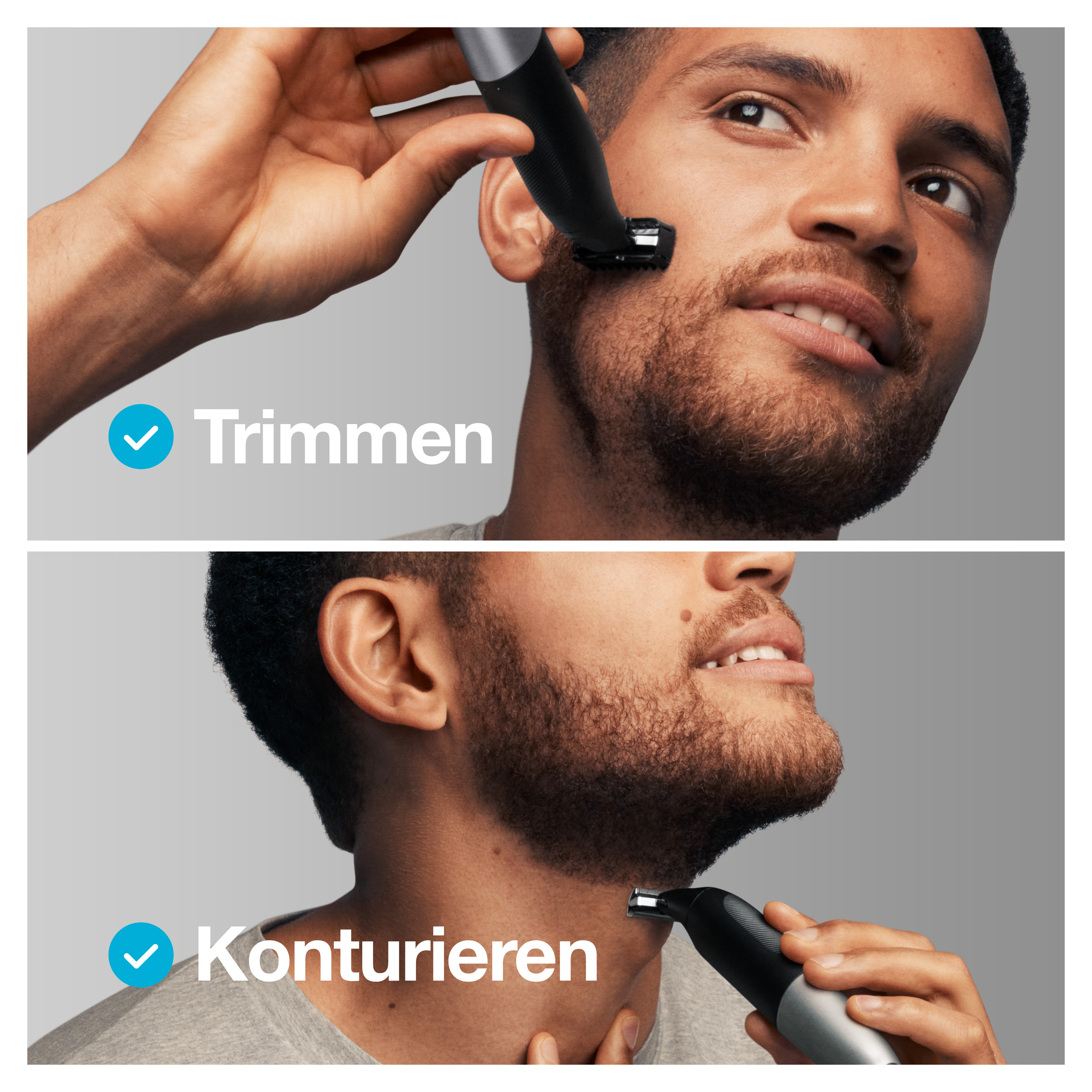 Mann rasiert sich mit einem Trimmer. Zwei Aktionen werden gezeigt: Trimmen und Konturieren.