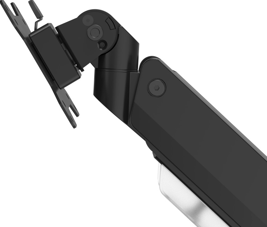 Un bras de moniteur noir, monté, avec un fond blanc.