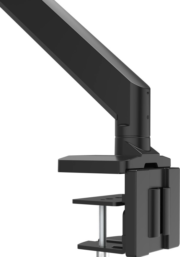 Un bras de moniteur noir avec une pince. Le bras est réglable et maintient un moniteur. Il est tout noir.