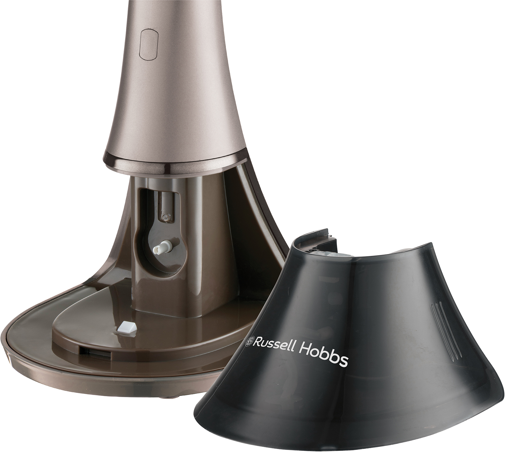 Een bruine en zilveren Russell Hobbs-voet met een afneembare zwarte plastic afdekking.