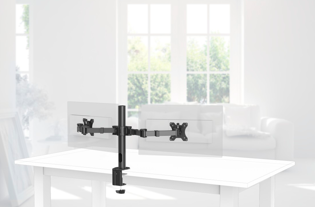 Support noir pour moniteur avec deux écrans sur une table blanche, fond de fenêtre.