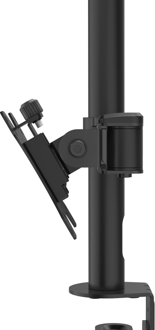 Gros plan d'un support de moniteur noir avec un écran noir attaché, montrant les détails du support.