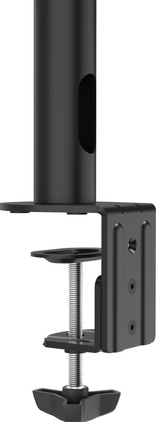 Une pince de fixation pour moniteur noire avec un poteau vertical et une vis.