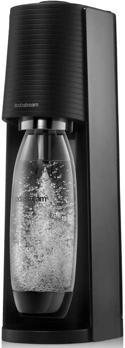 Schwarze SodaStream Maschine mit einer Glasflasche.