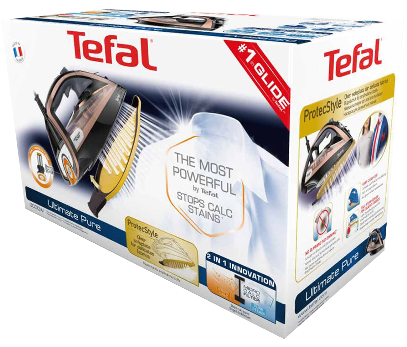 Egy Tefal vasaló doboz, fehér inggel az elején, az 'Ultimate Pure' vasalót hirdetve.