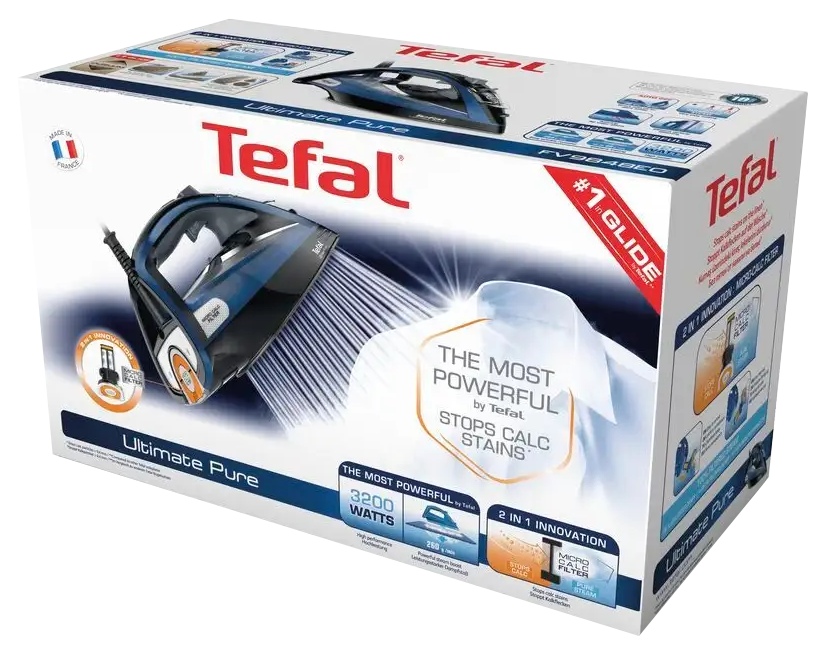 Egy doboz Tefal Ultimate Pure vasaló, amely a vasalót és annak tulajdonságait mutatja.