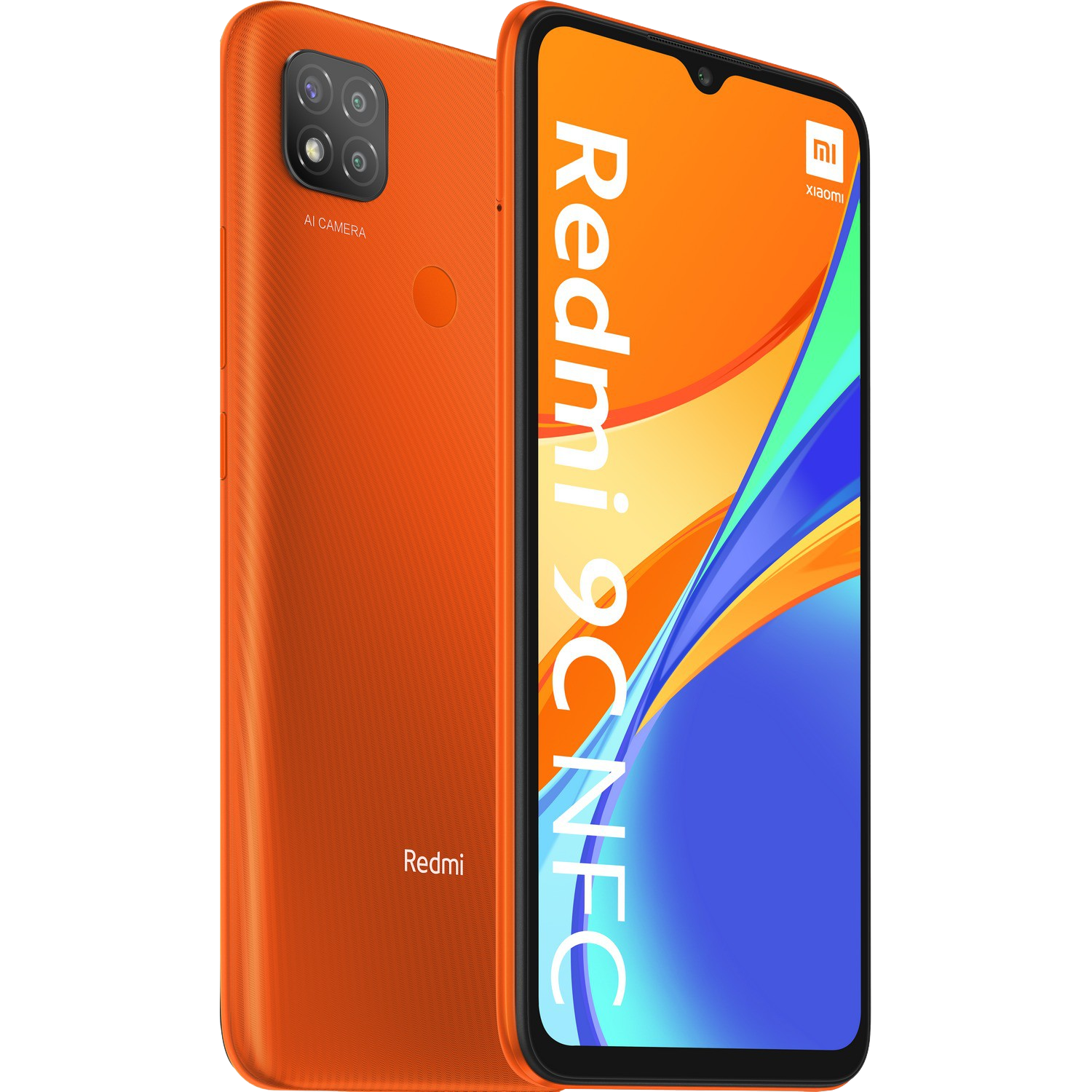 Teléfono Redmi 9C NFC naranja, con tres cámaras, sobre fondo negro y logo blanco Redmi.