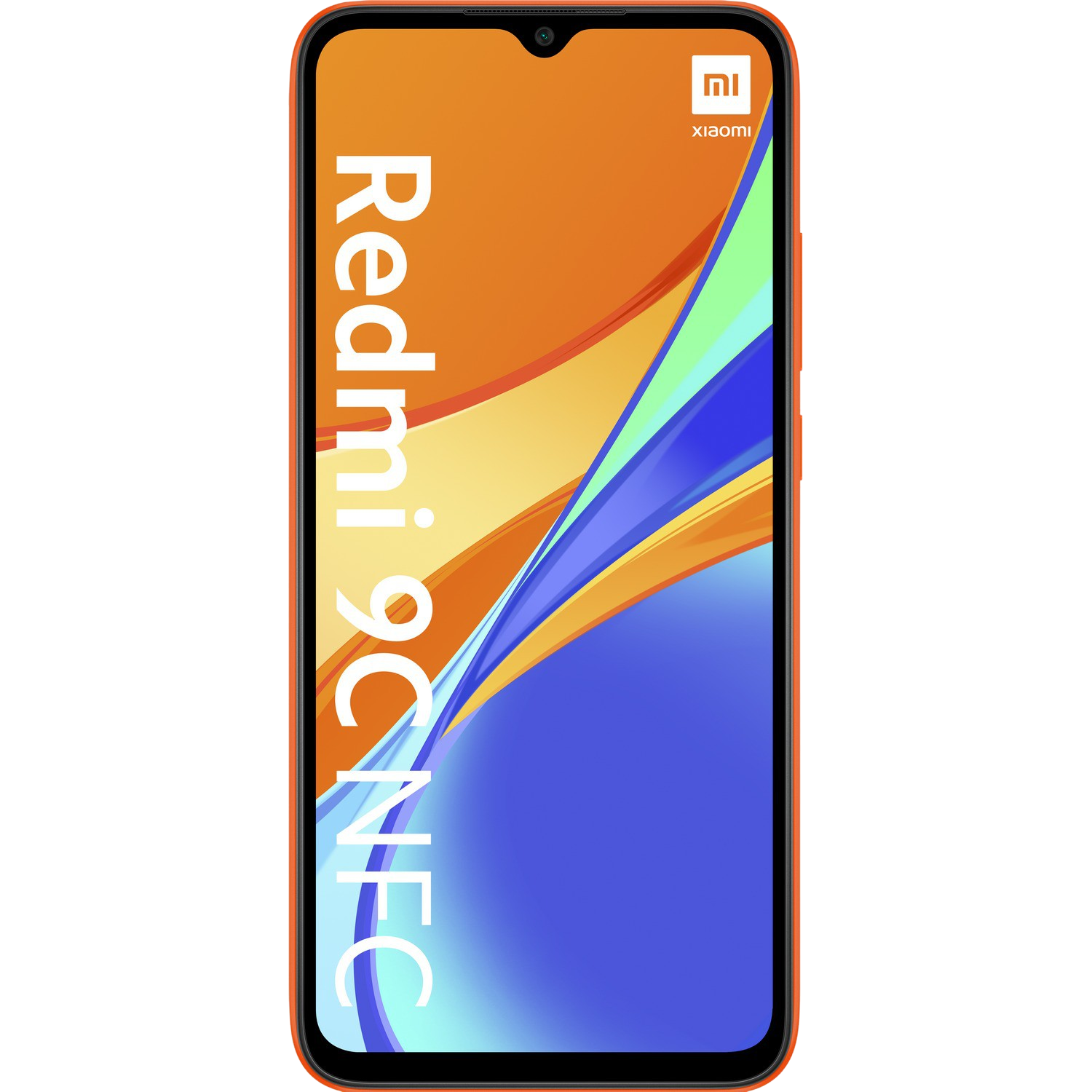 Un smartphone naranja Xiaomi Redmi 9C NFC con una pantalla grande y el nombre de la marca.