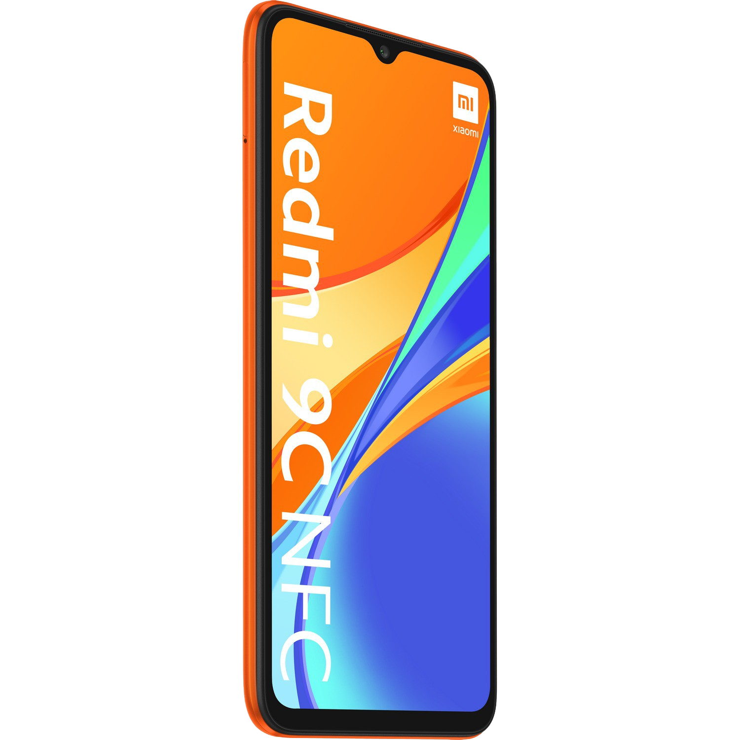 Teléfono naranja con el logotipo Redmi 9C NFC. Fondo negro.
