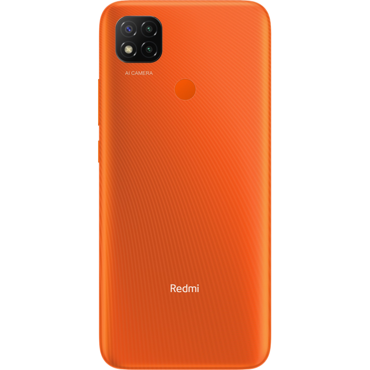 Parte trasera naranja del teléfono Redmi con conjunto de cámaras y logotipo de Redmi.