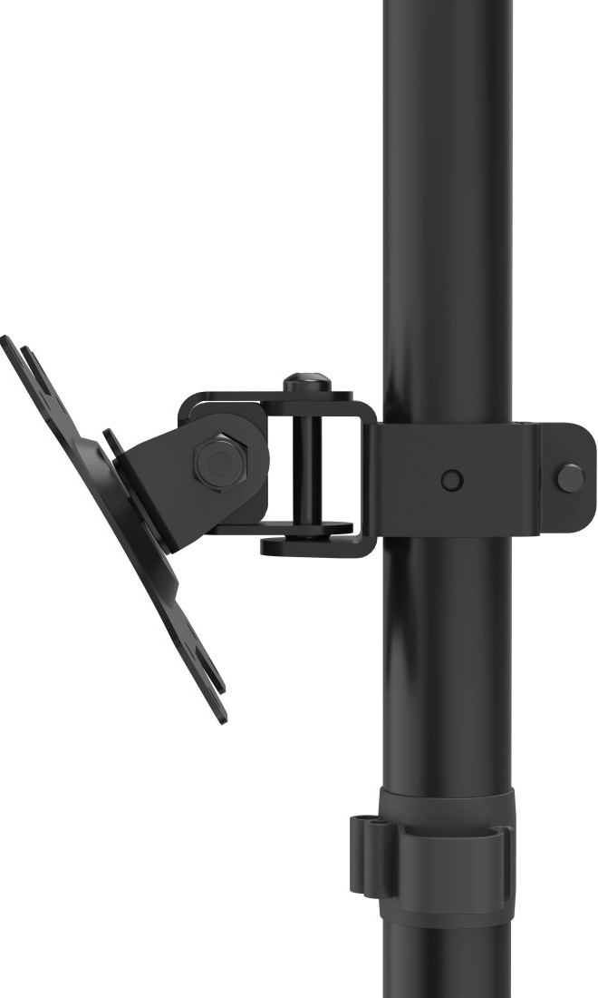 Support d'écran noir sur fond blanc. Écran fixé à un poteau noir, avec une pince de support.