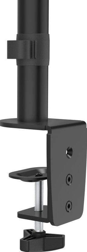 Un support noir pour un moniteur, avec une pince et une vis.