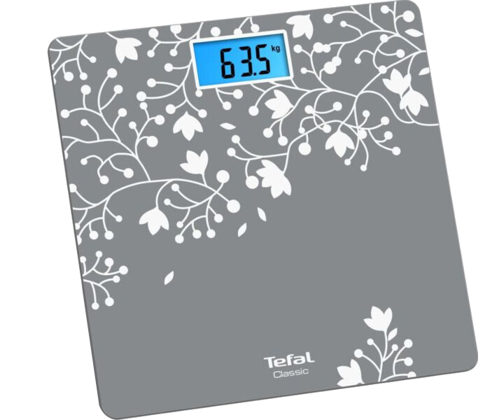 Digitális fürdőszobai mérleg. Szürke, fehér virágmintával. 63,5 kg-ot mutat.