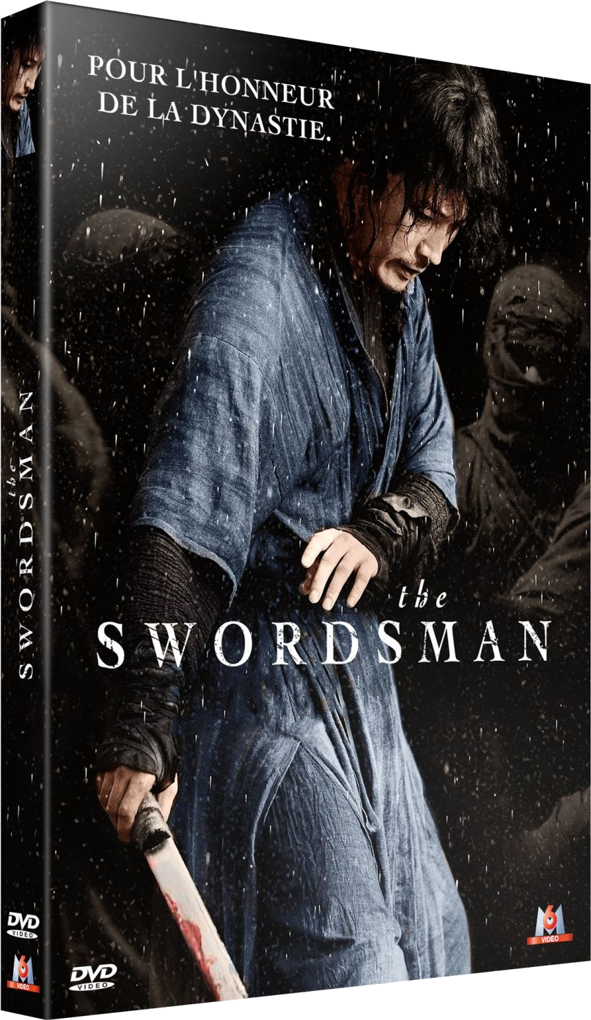 DVD box with a man in blue, holding a sword. Text: The Swordsman.