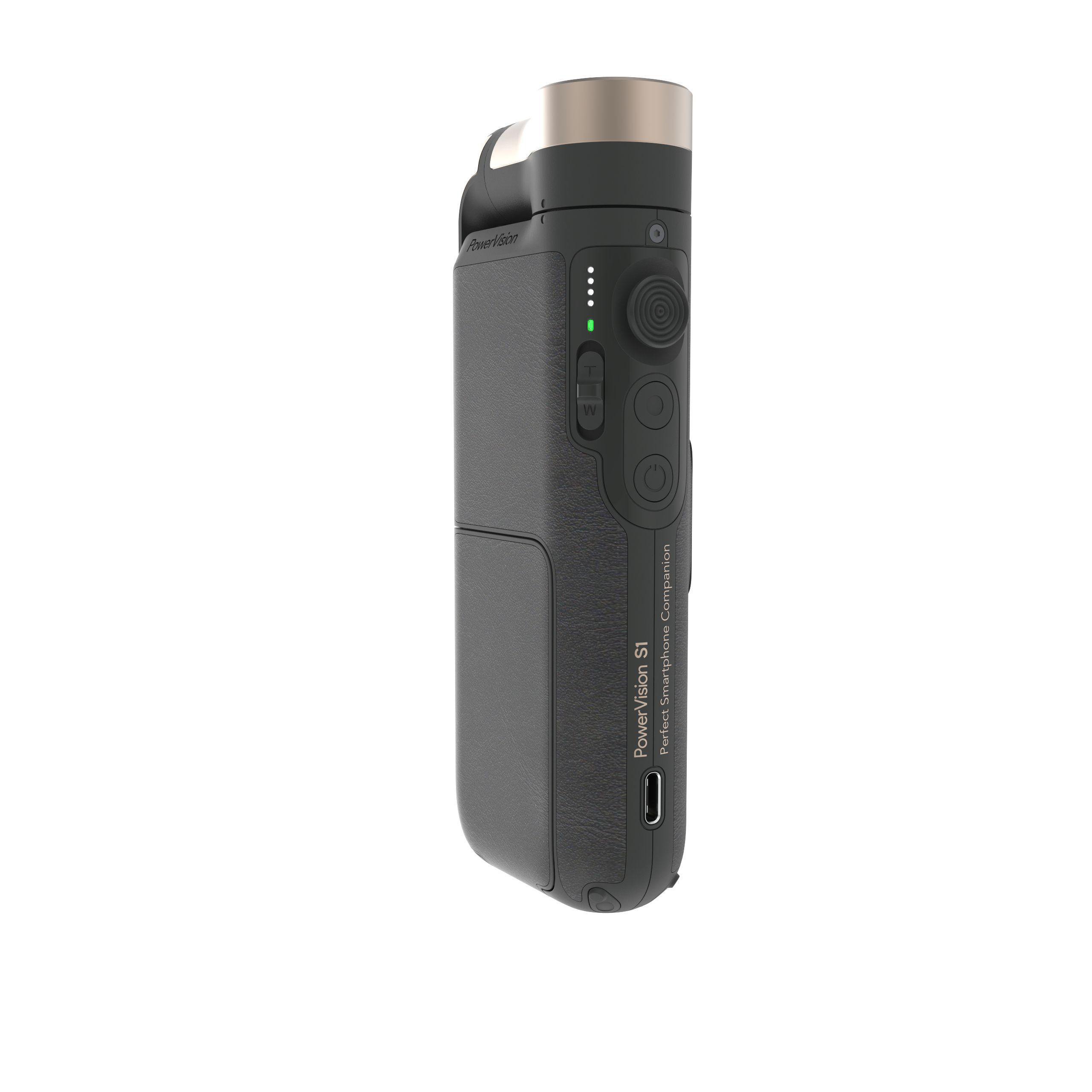 Schwarzer und grauer Smartphone-Stabilisator mit Knöpfen und Anzeigen.