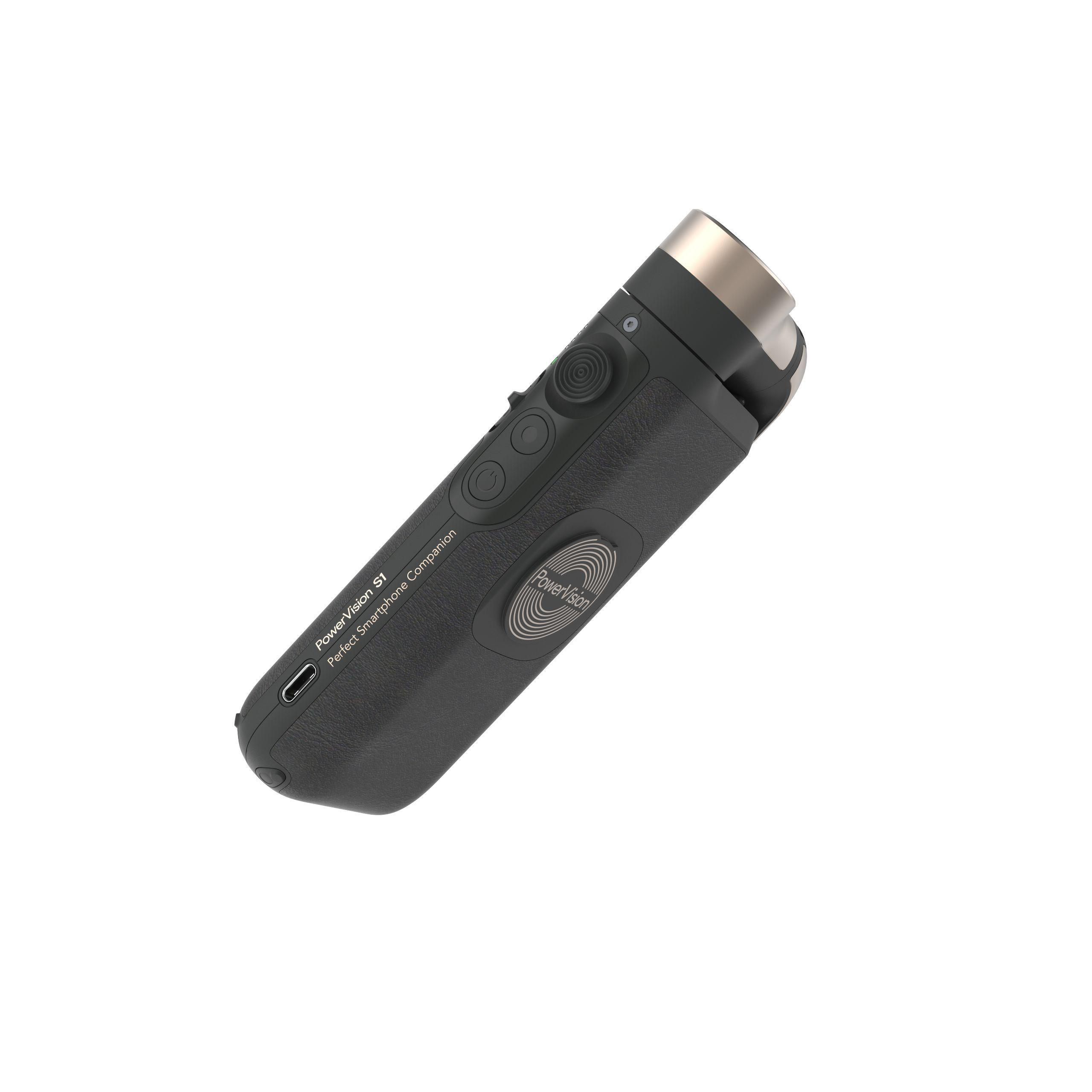 Schwarzer und grauer Smartphone-Stabilisator auf weißem Grund. Er hat Knöpfe und einen USB-Anschluss.