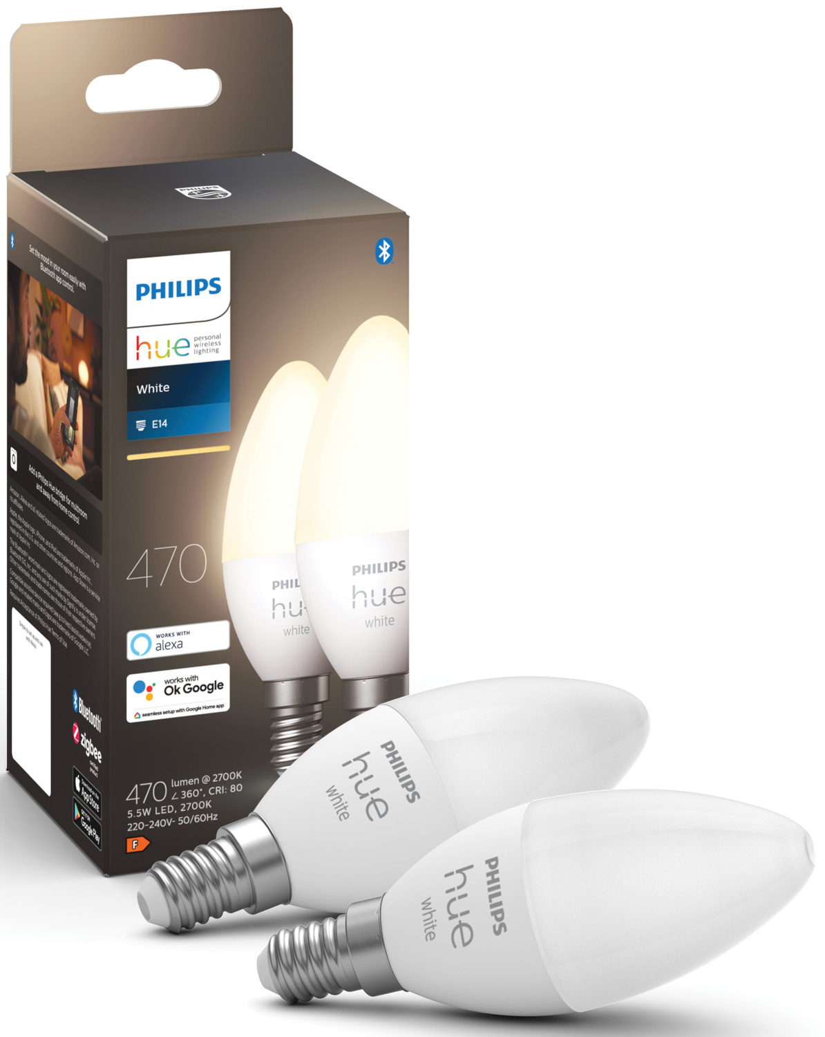 Two white Philips Hue smart light bulbs and their box, with a Bluetooth logo.