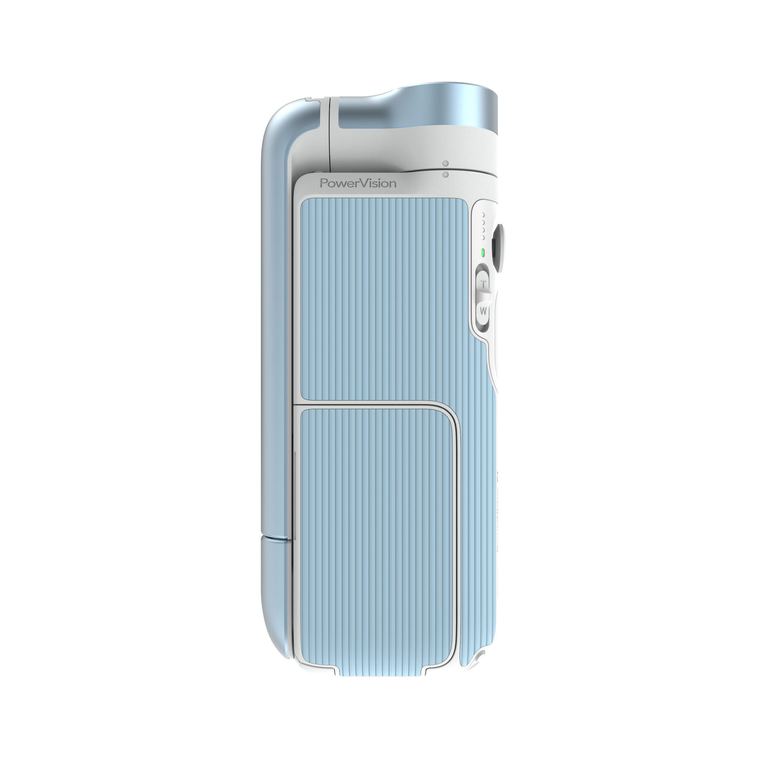 Hellblaue Handkamera mit PowerVision-Logo, weißer Hintergrund.