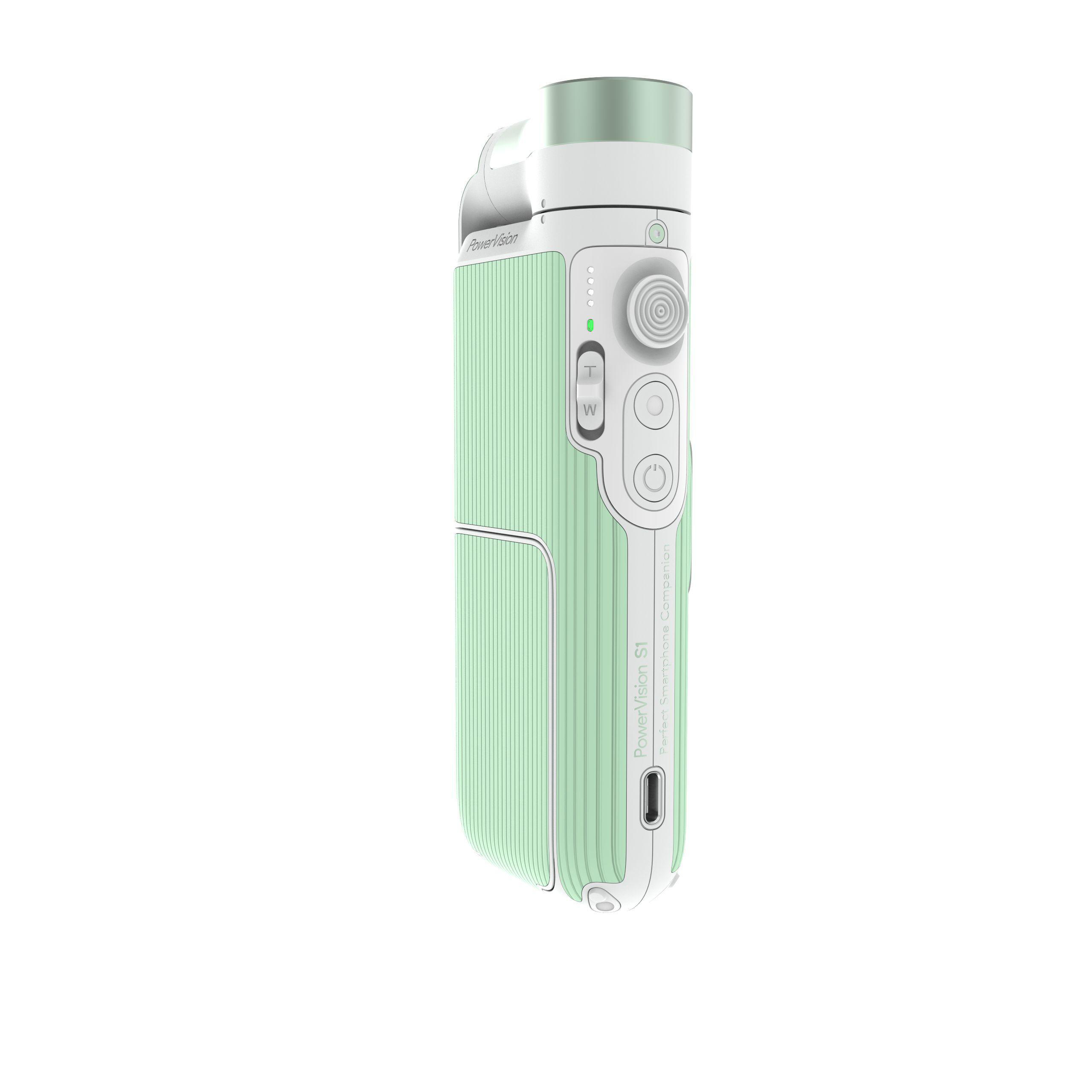 Ein mintgrüner PowerVision S1 Gimbal, ein Handstabilisator für Smartphones, vor weißem Hintergrund.