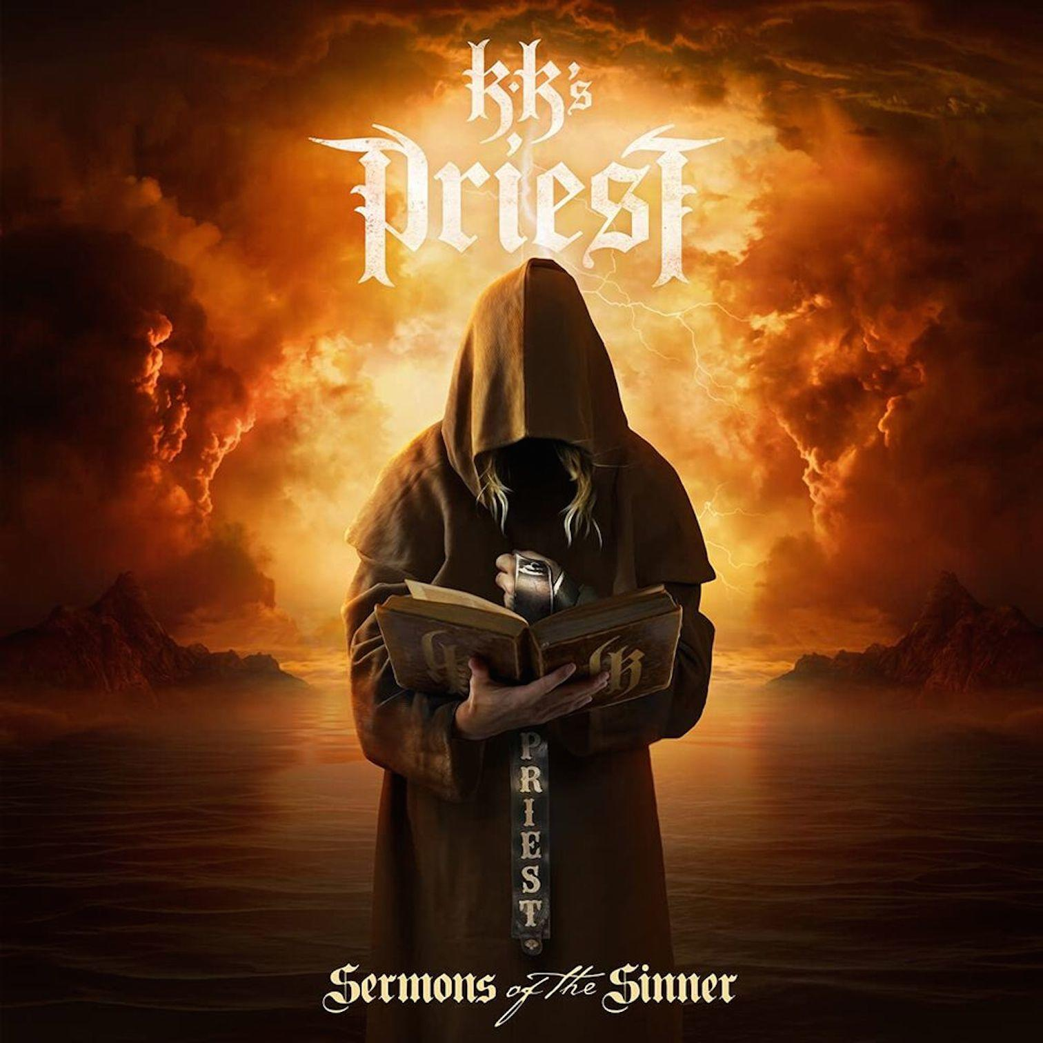 Couverture de l'album 'KK's Priest' avec une figure encapuchonnée tenant un livre.