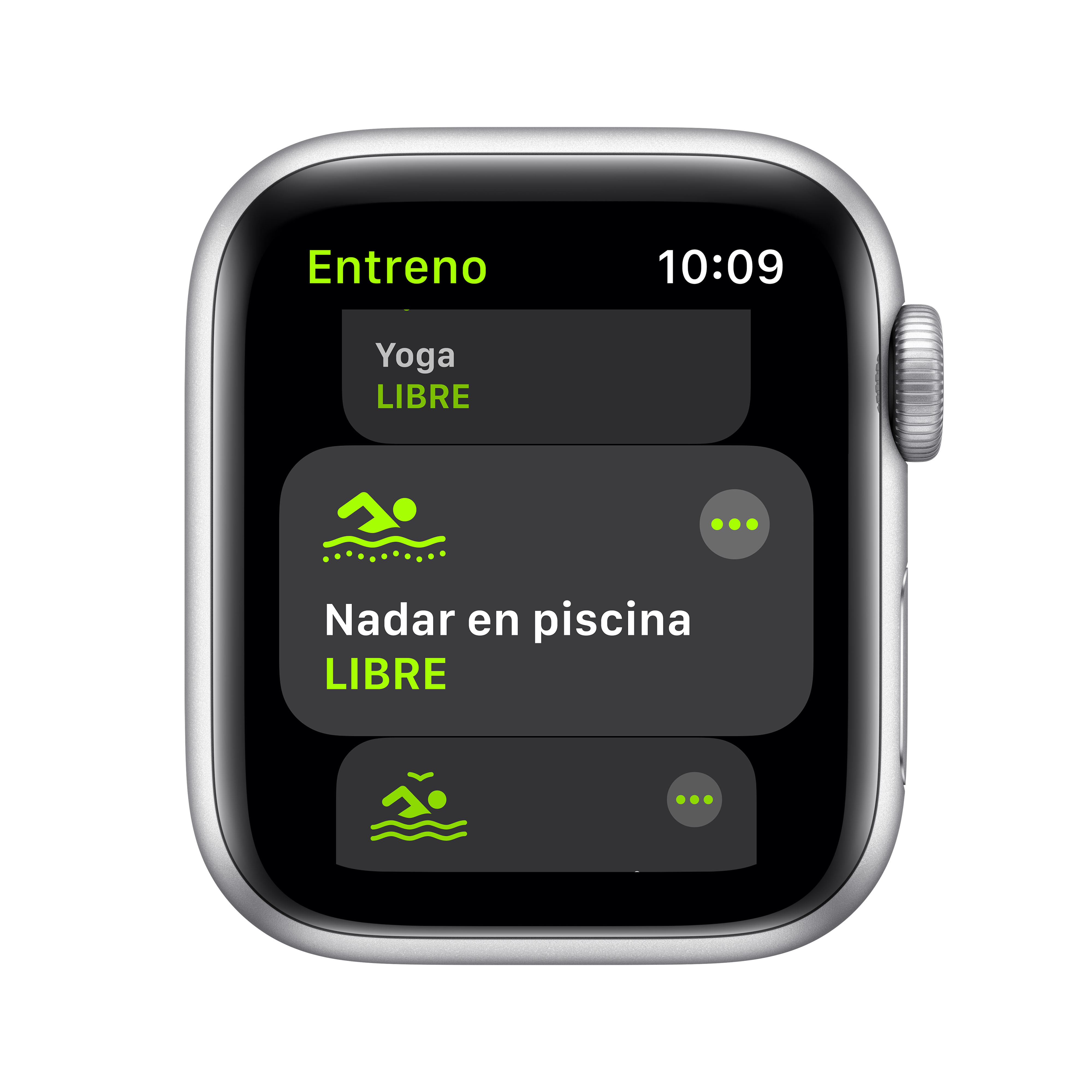 Un reloj inteligente muestra opciones de natación y yoga con caja plateada y pantalla negra.