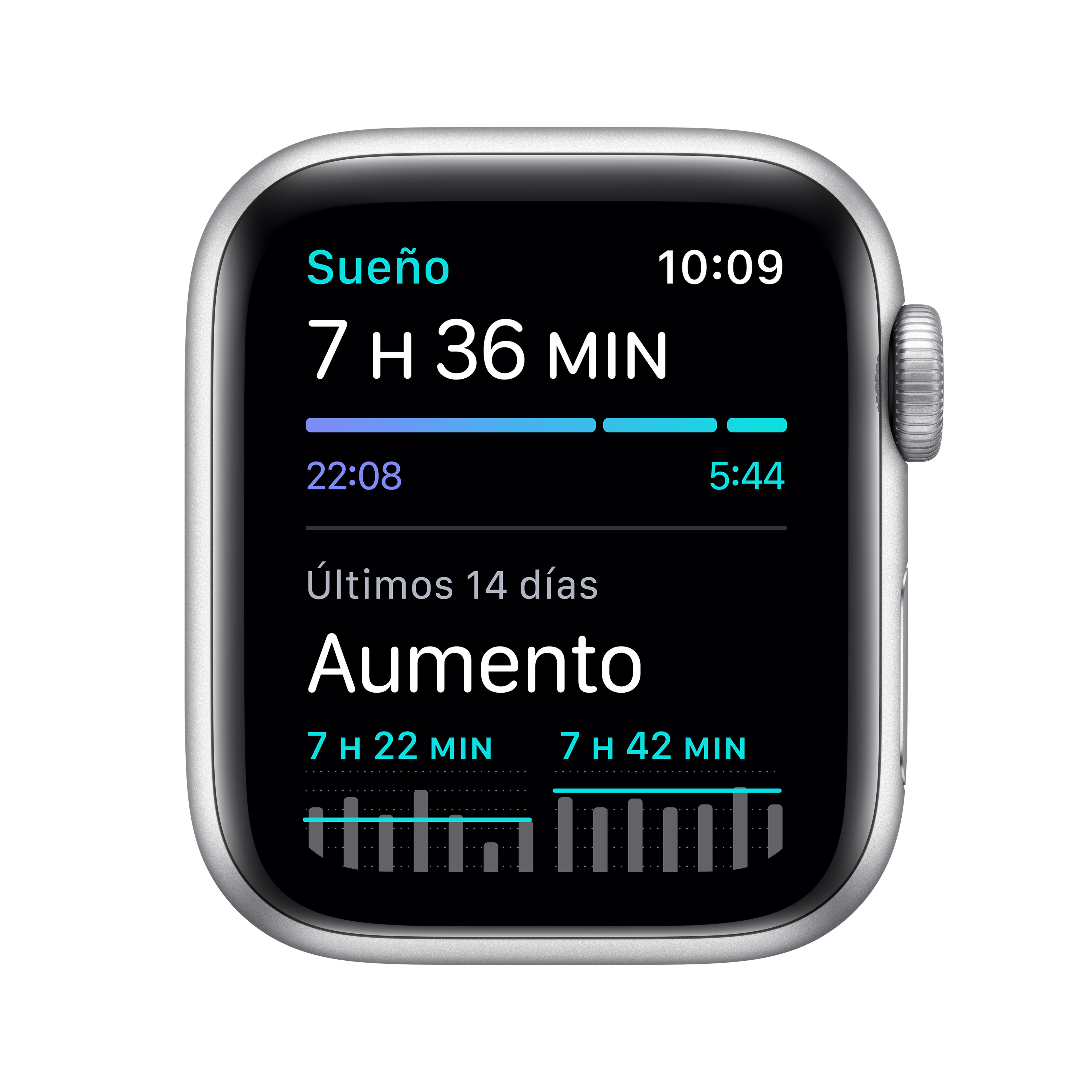 Apple Watch plateado mostrando datos de sueño, duración y un gráfico del historial.
