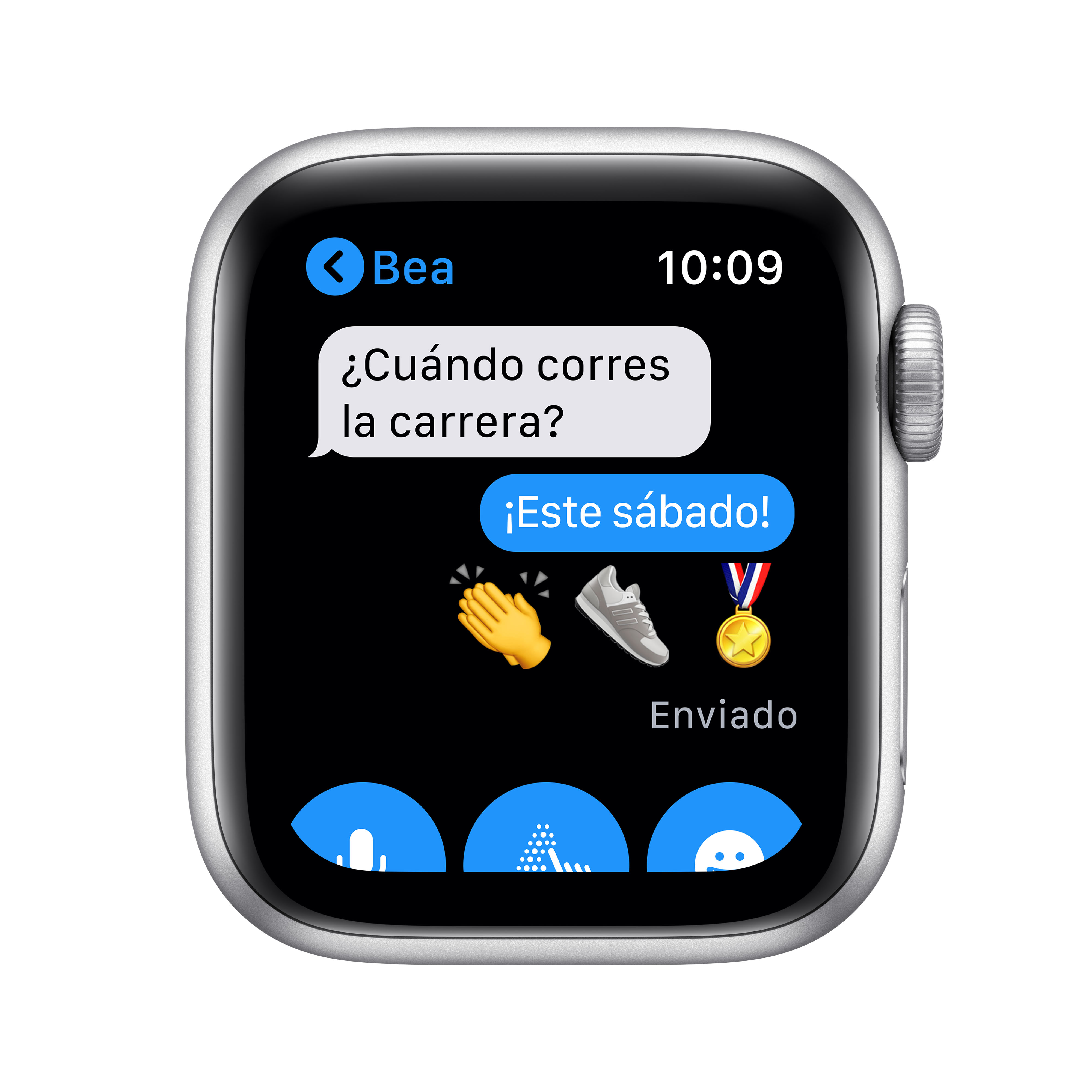Pantalla de Apple Watch con hilo de mensajes. Texto: "¿Cuándo corres la carrera?" y "¡Este sábado!"