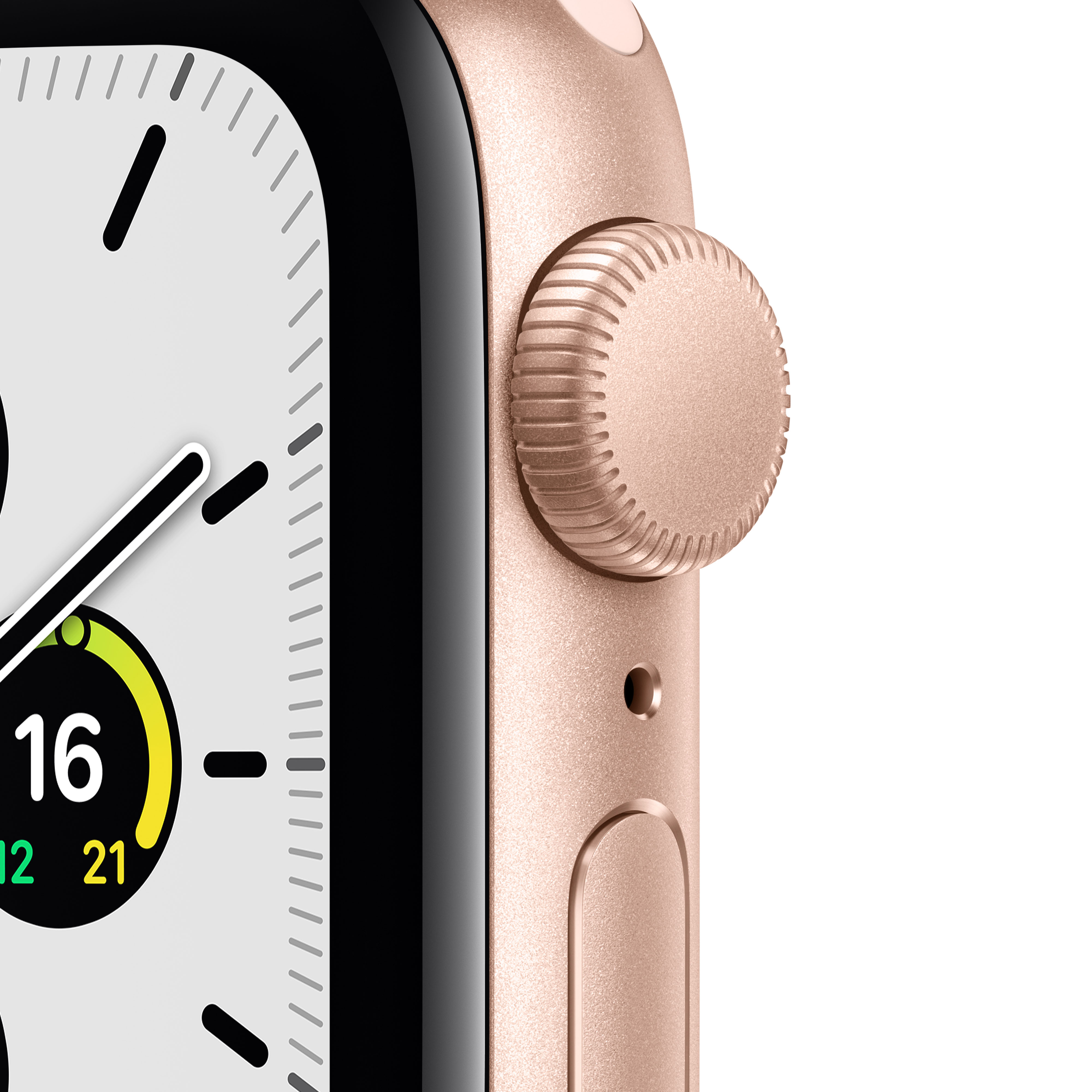 Primer plano de un Apple Watch con caja dorada y pantalla digital mostrando la hora.