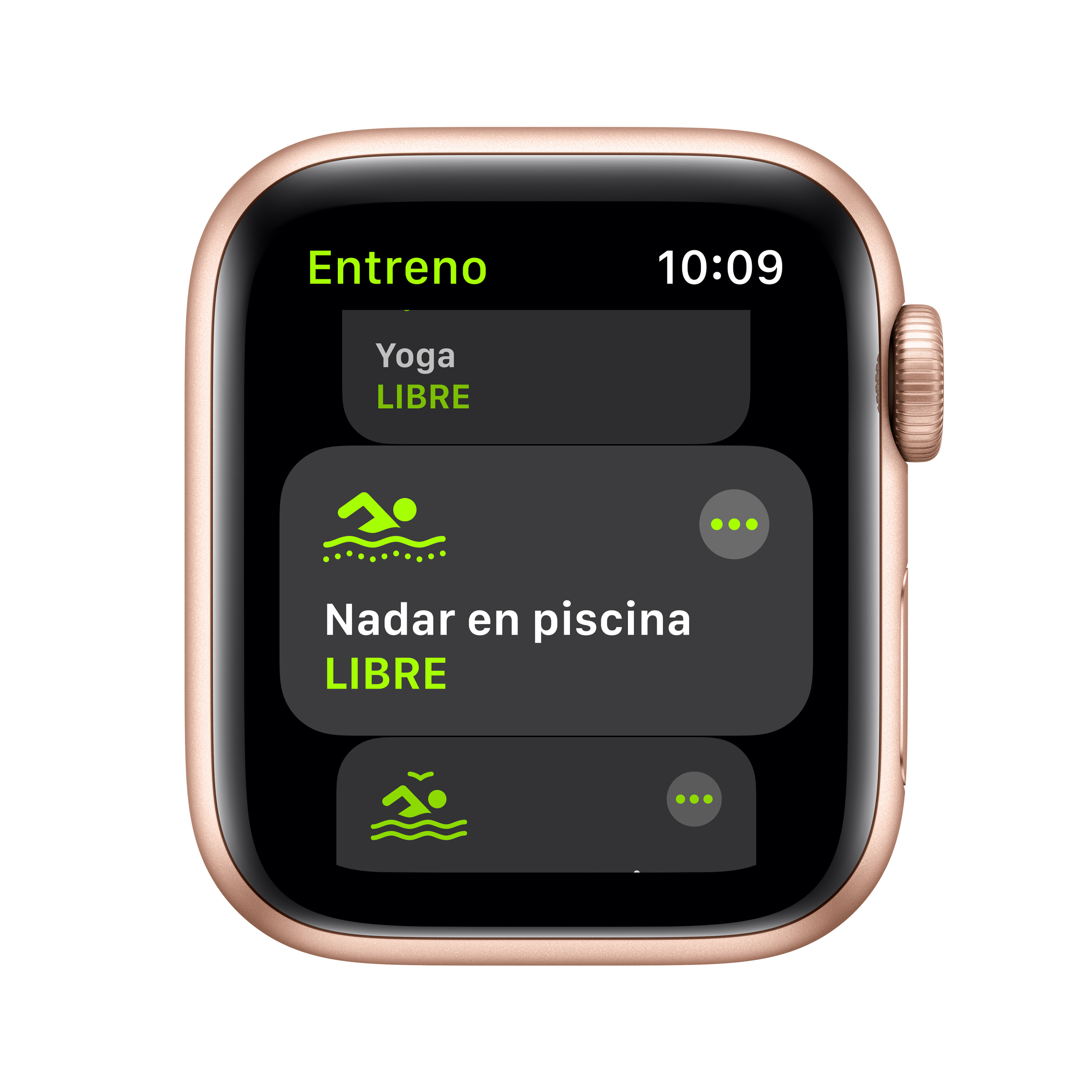 Un Apple Watch dorado muestra las opciones de ejercicio: Yoga y Natación en piscina.