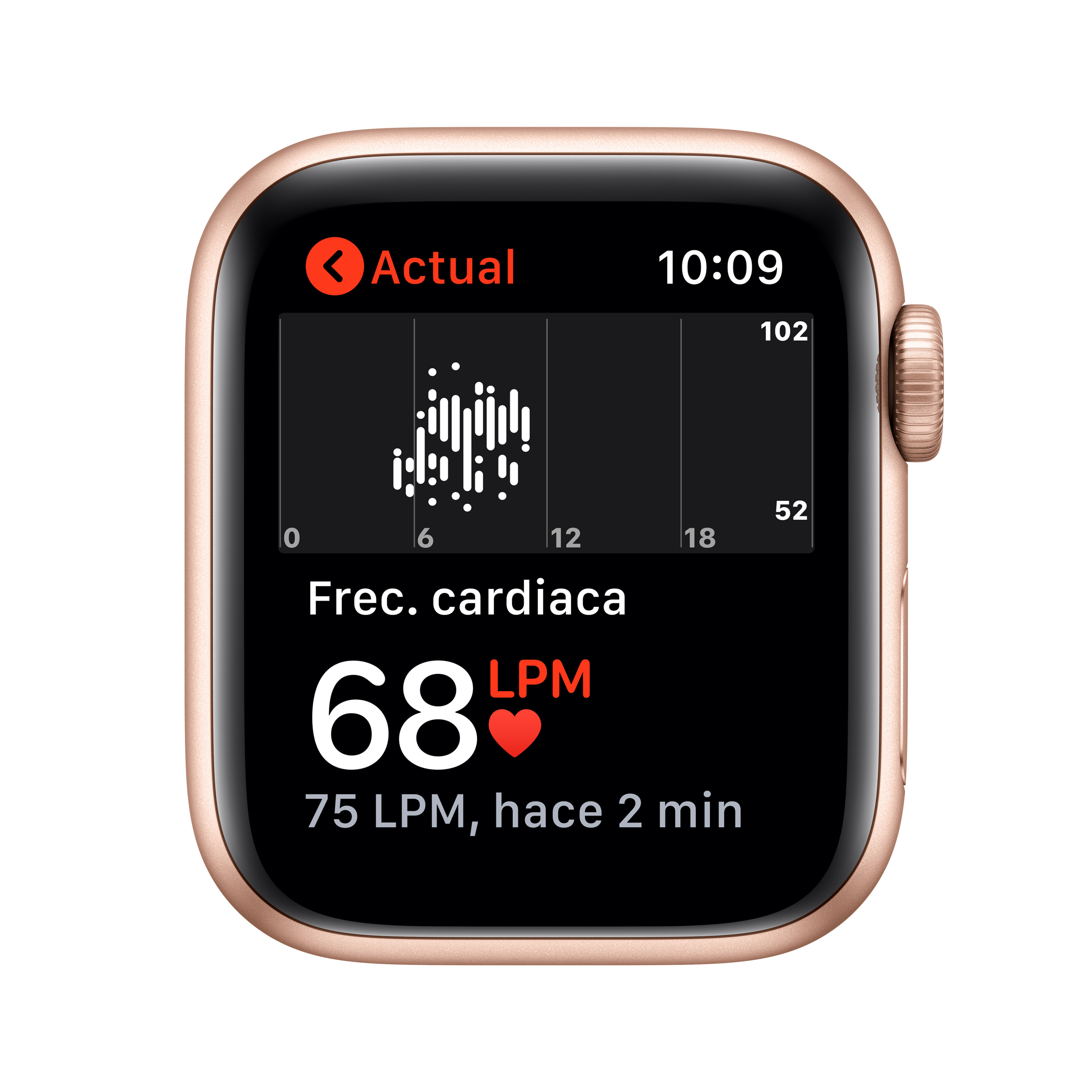 Pantalla del Apple Watch que muestra información de frecuencia cardíaca, con BPM y un corazón rojo.