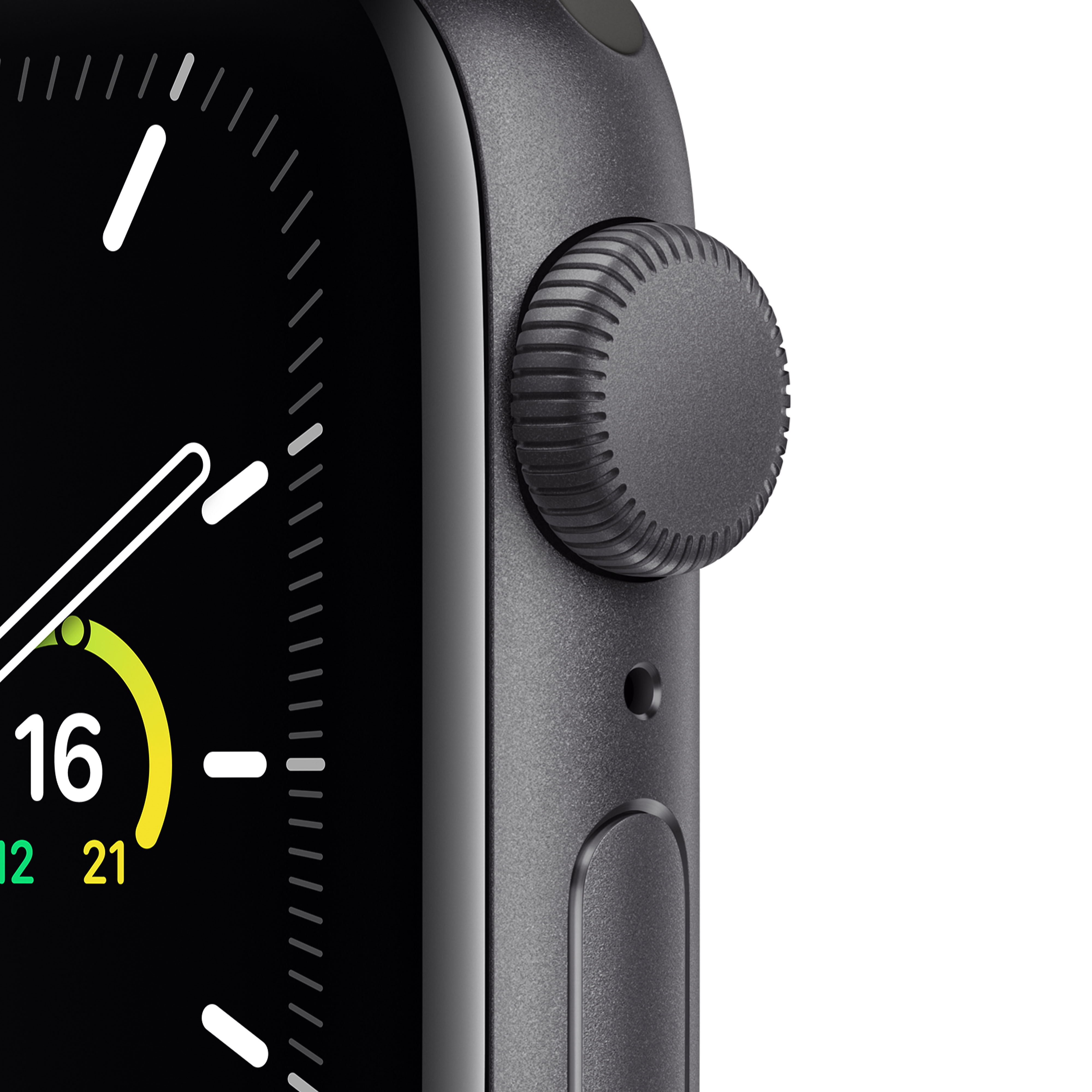 Primer plano del Apple Watch con pantalla digital y corona.