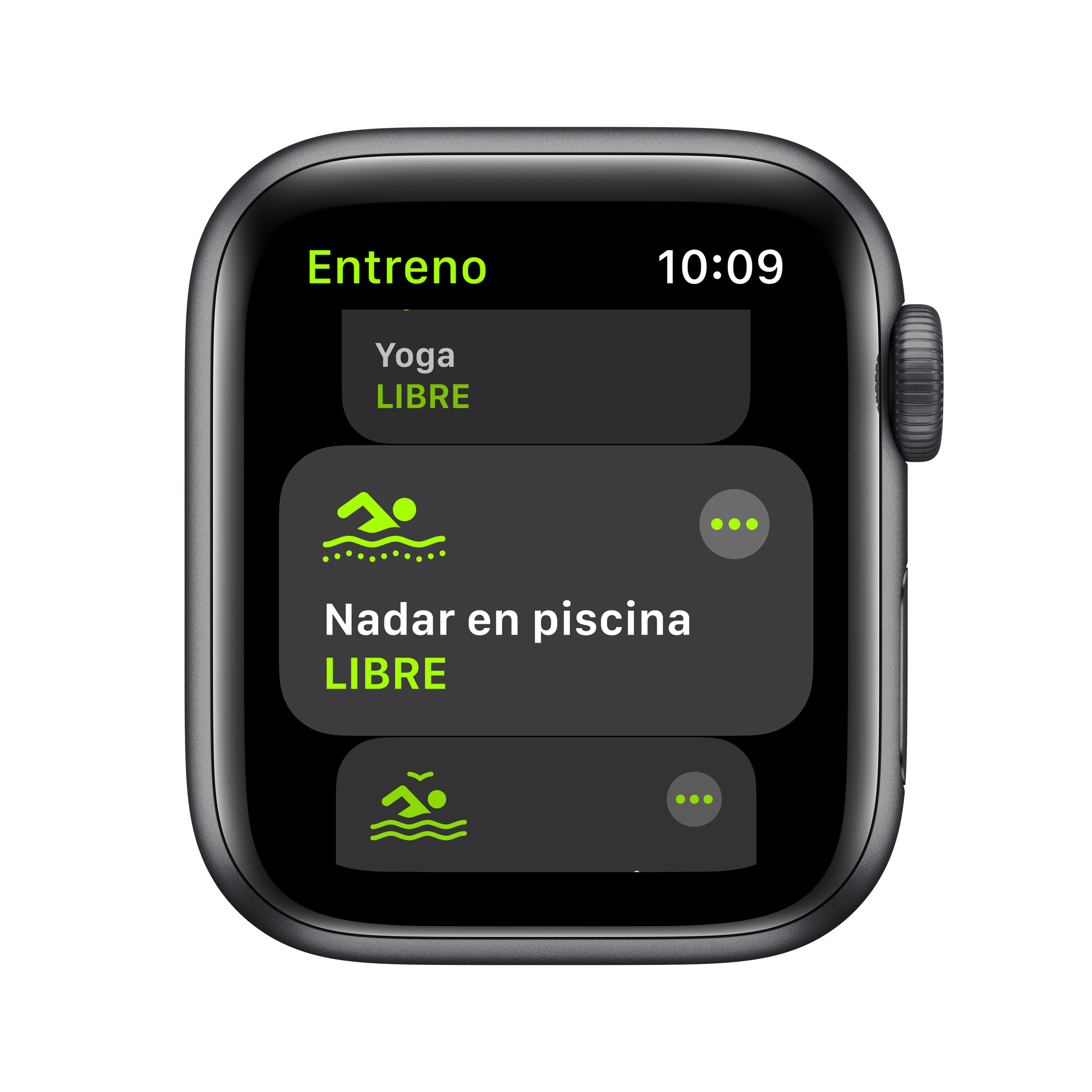Un reloj inteligente negro muestra opciones para yoga y actividades de natación.