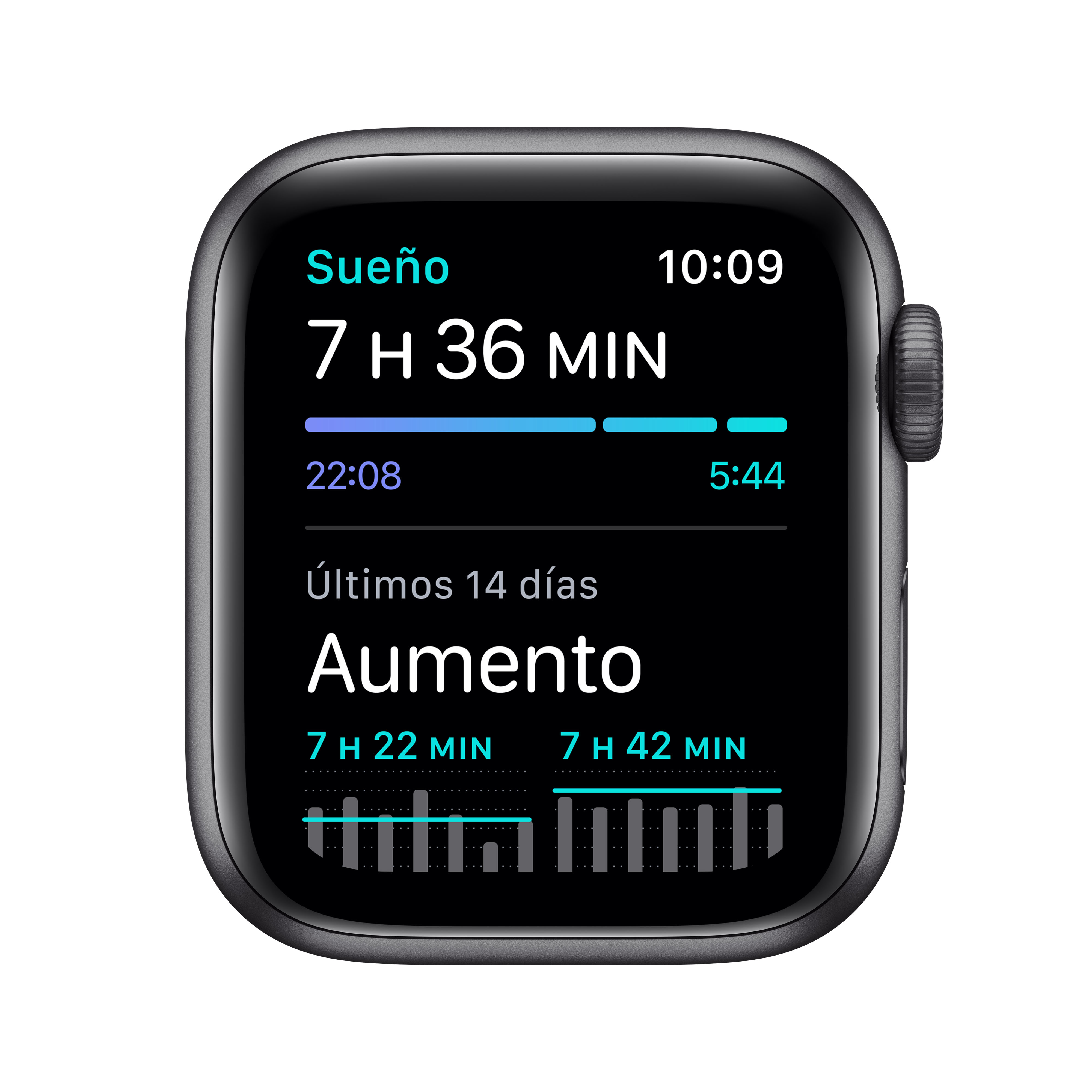 Un reloj inteligente negro que muestra datos de sueño y actividad.