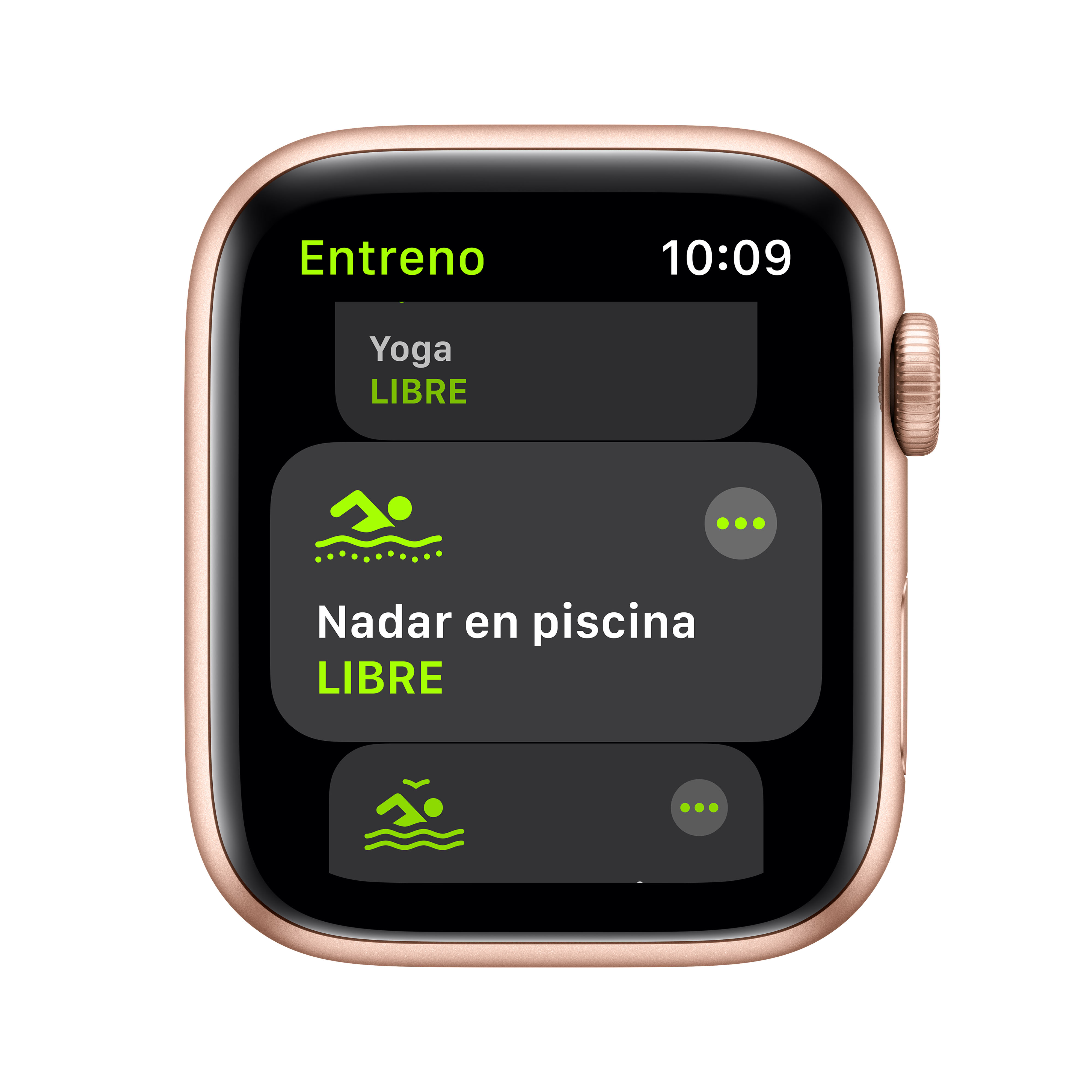 Un smartwatch muestra opciones de entrenamiento: yoga, natación y otras actividades.