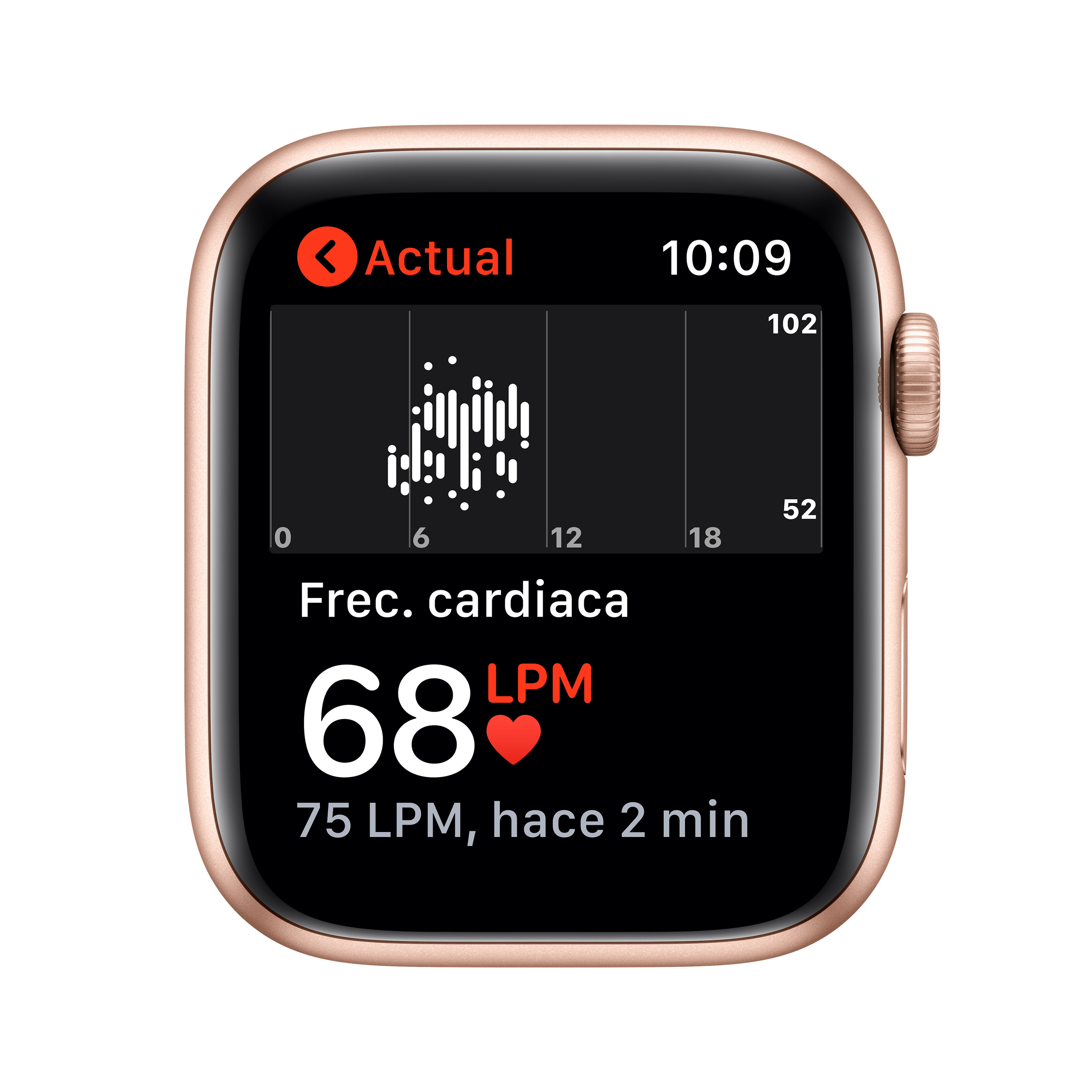 Apple Watch mostrando datos de frecuencia cardíaca. Muestra la frecuencia cardíaca como 68 BPM, con gráfico y hora 10:09.
