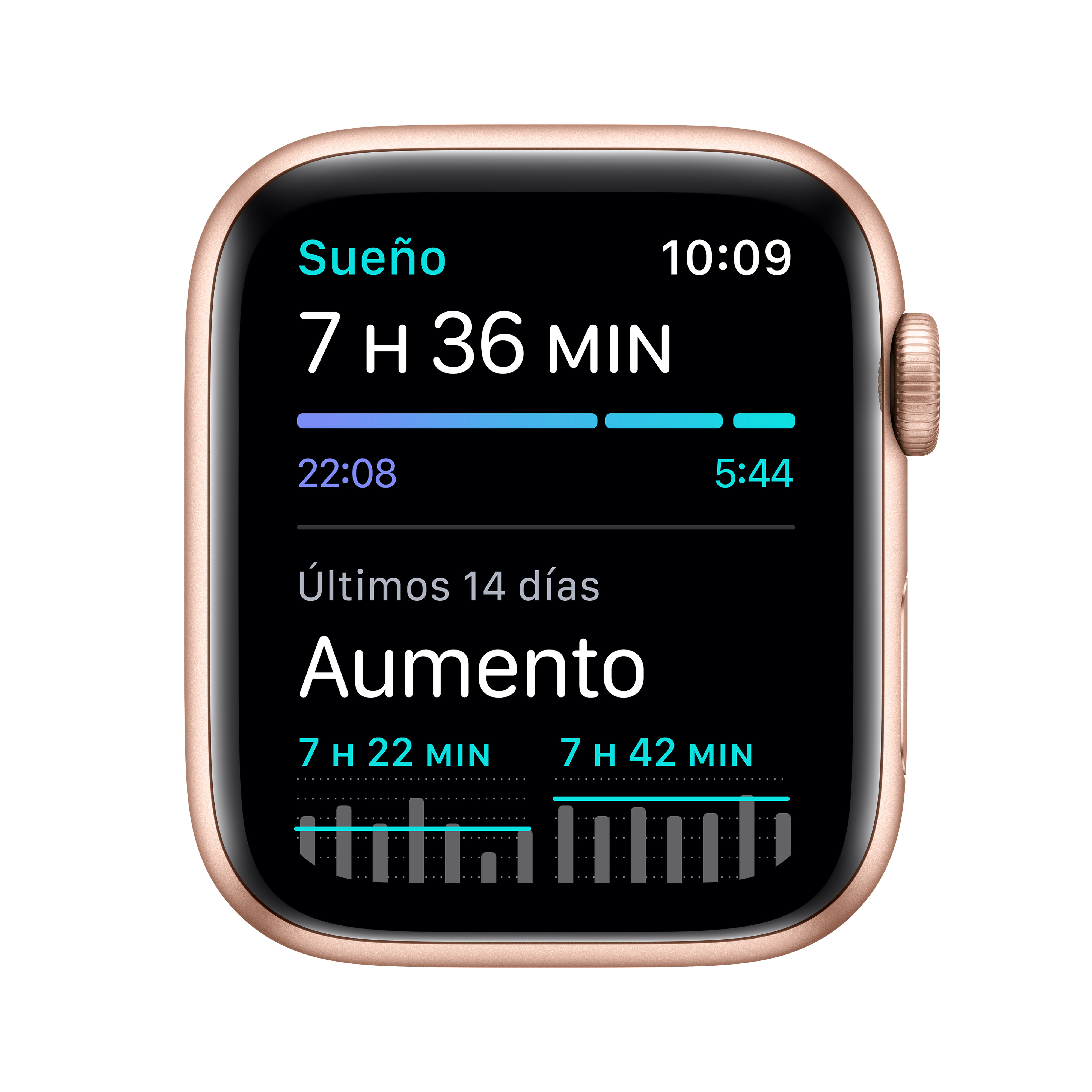 Apple Watch mostrando datos de sueño, duración y tendencias recientes.