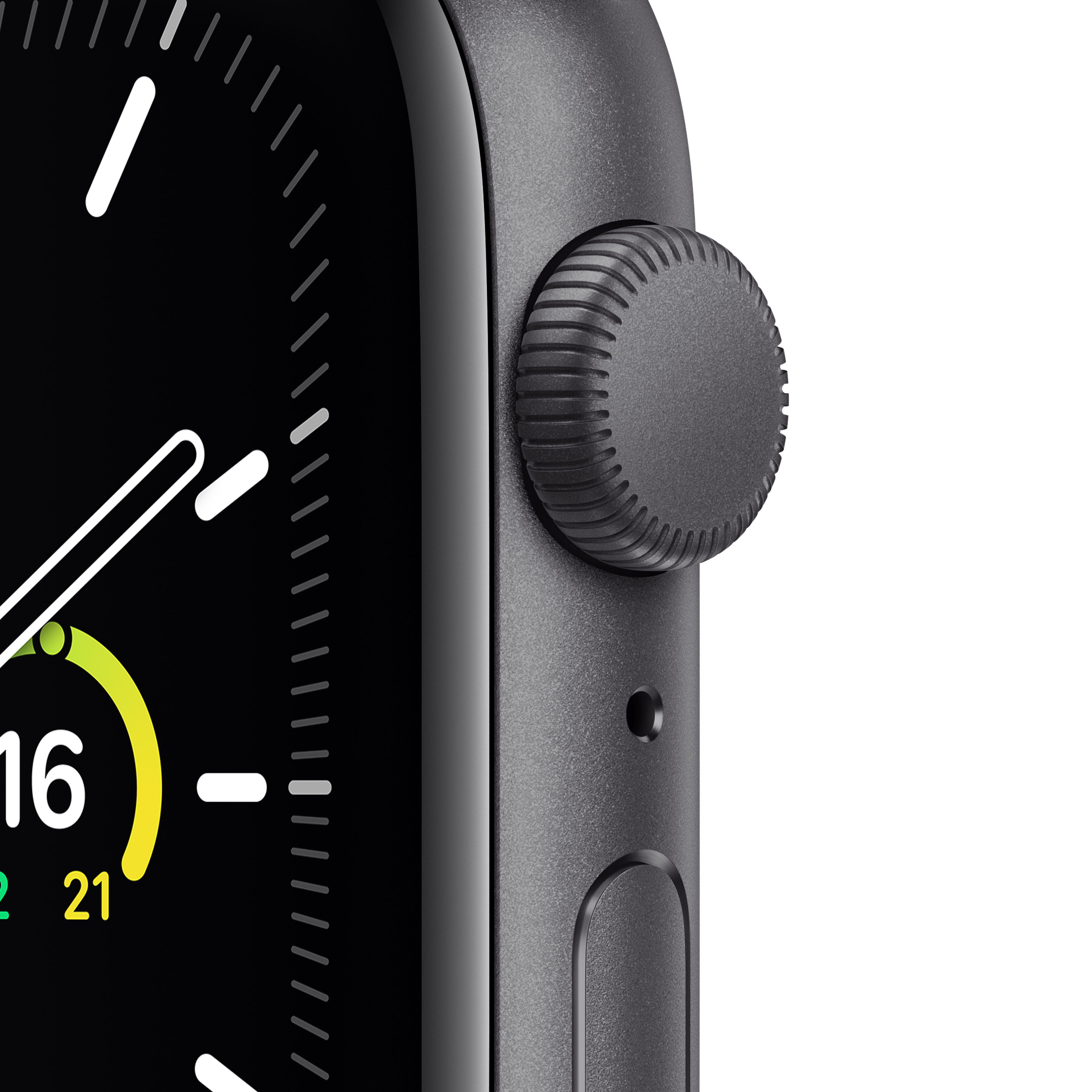 Primer plano de un Apple Watch negro. Corona digital y botón lateral visibles.